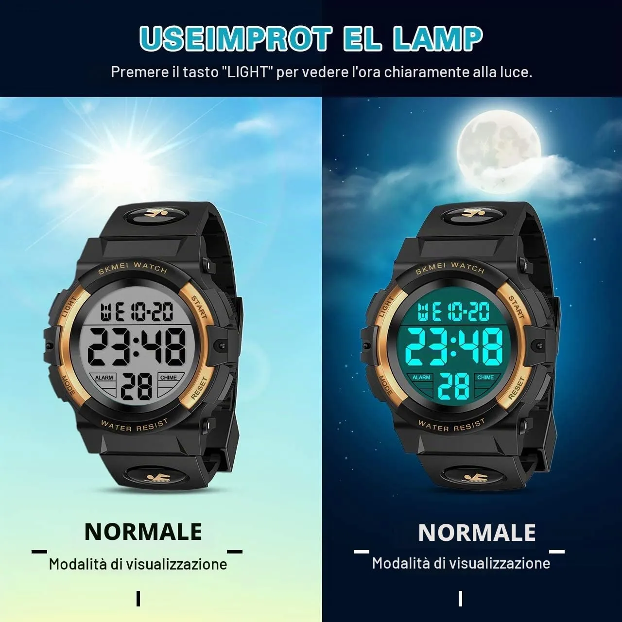Dislocati Orologio Digitale Multifunzione per Bambini, Impermeabile, LED, Gold - immagine 3