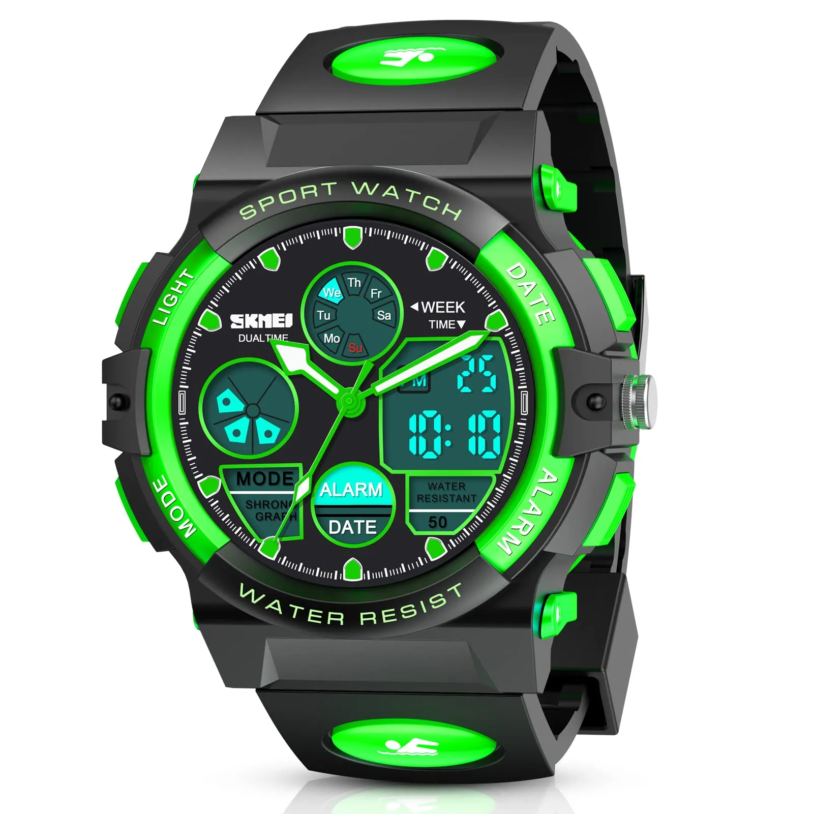 Dislocati Orologio Digitale Multifunzione per Bambini, Impermeabile, LED, Verde - immagine 1