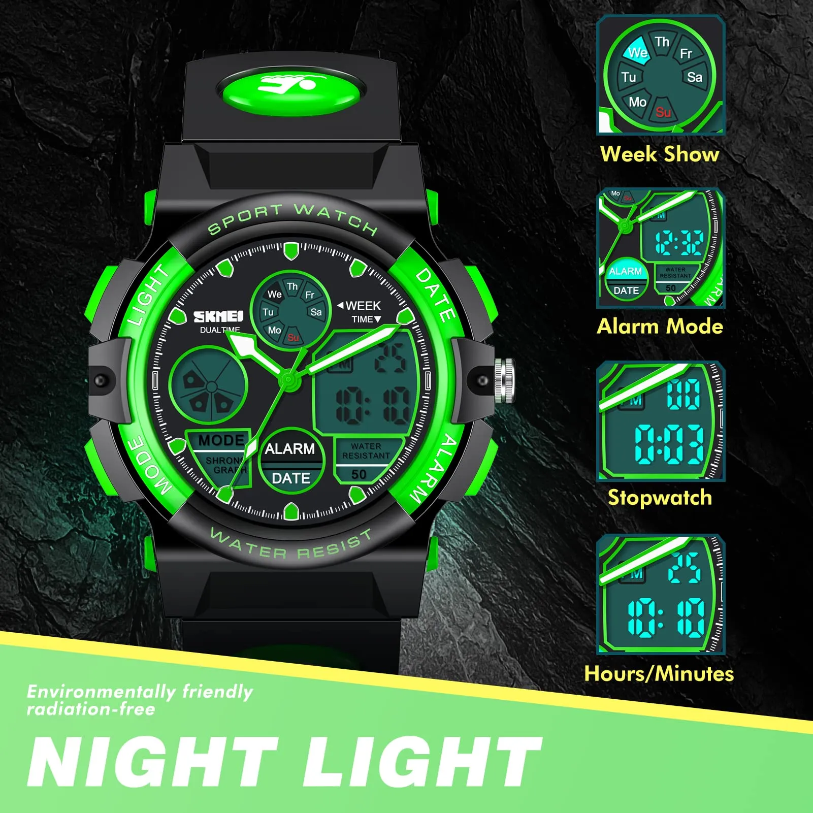 Dislocati Orologio Digitale Multifunzione per Bambini, Impermeabile, LED, Verde - immagine 2