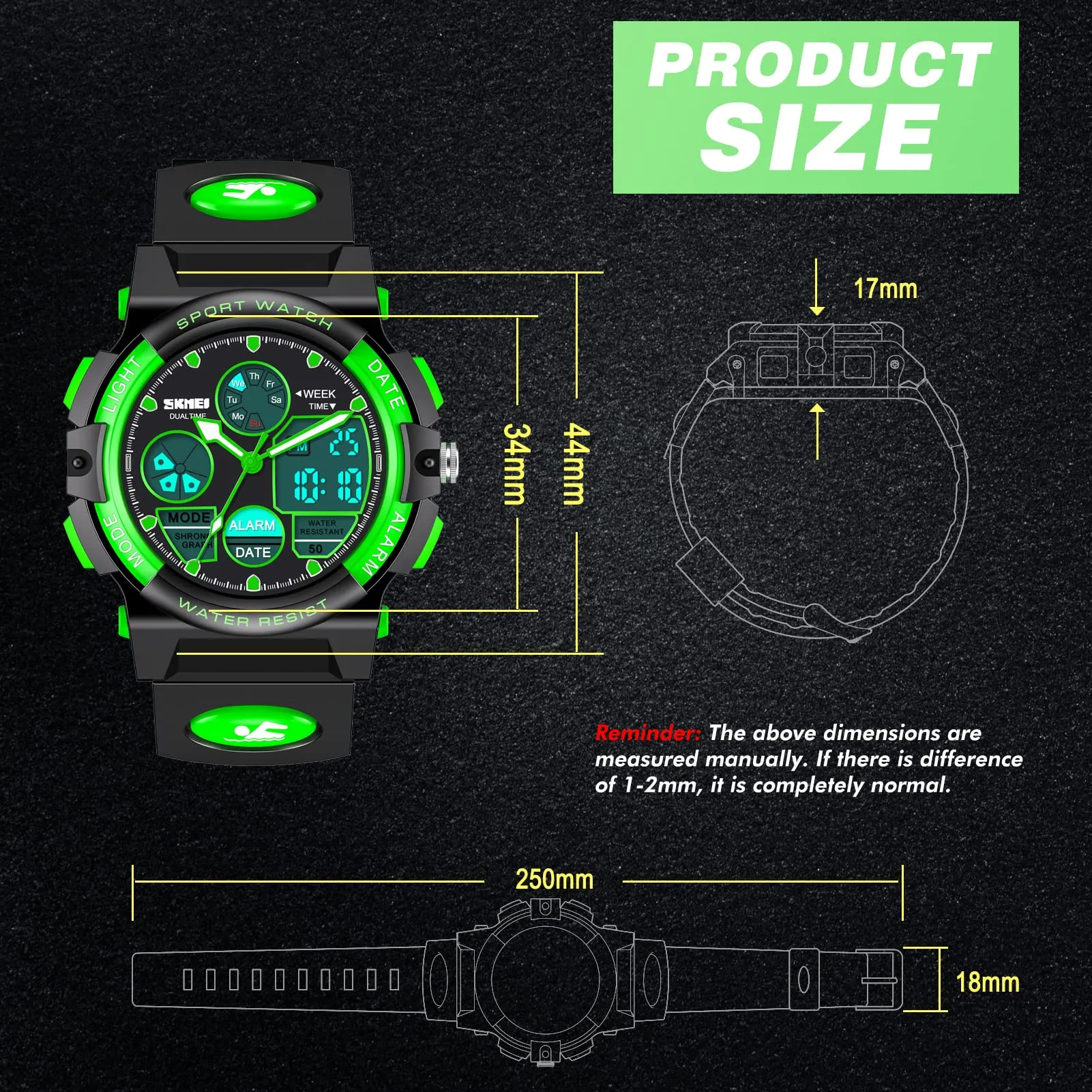 Dislocati Orologio Digitale Multifunzione per Bambini, Impermeabile, LED, Verde - immagine 3