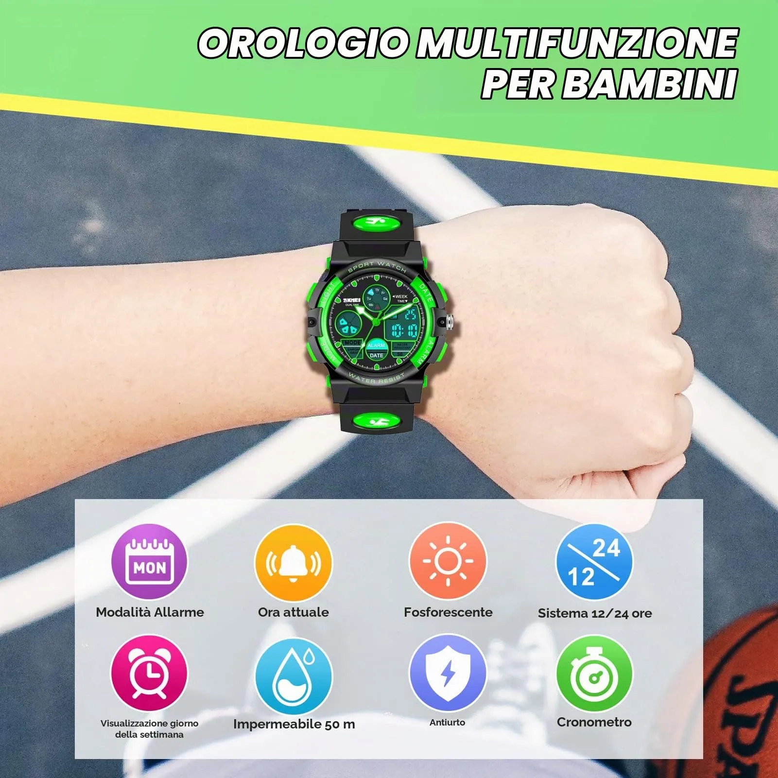 Dislocati Orologio Digitale Multifunzione per Bambini, Impermeabile, LED, Verde - immagine 4