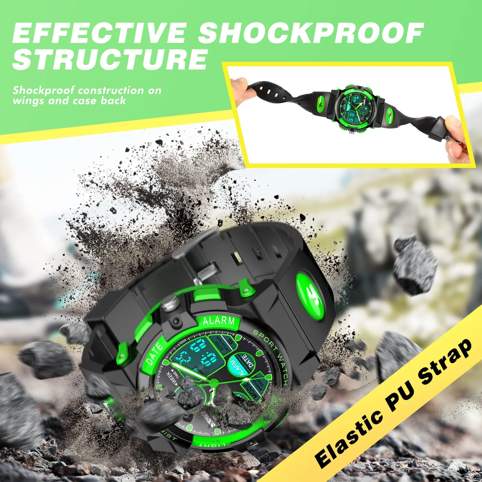 Dislocati Orologio Digitale Multifunzione per Bambini, Impermeabile, LED, Verde - immagine 5