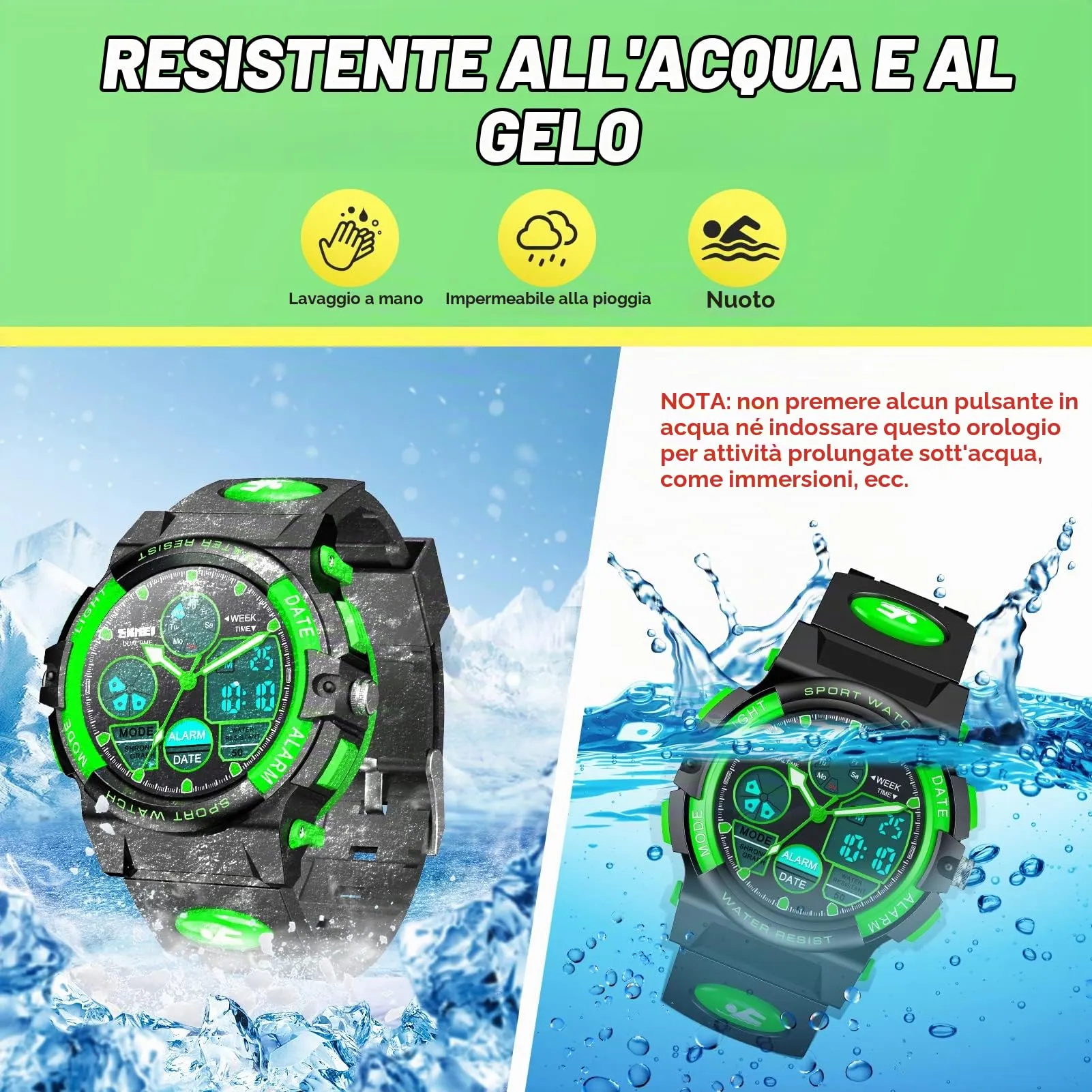 Dislocati Orologio Digitale Multifunzione per Bambini, Impermeabile, LED, Verde - immagine 6