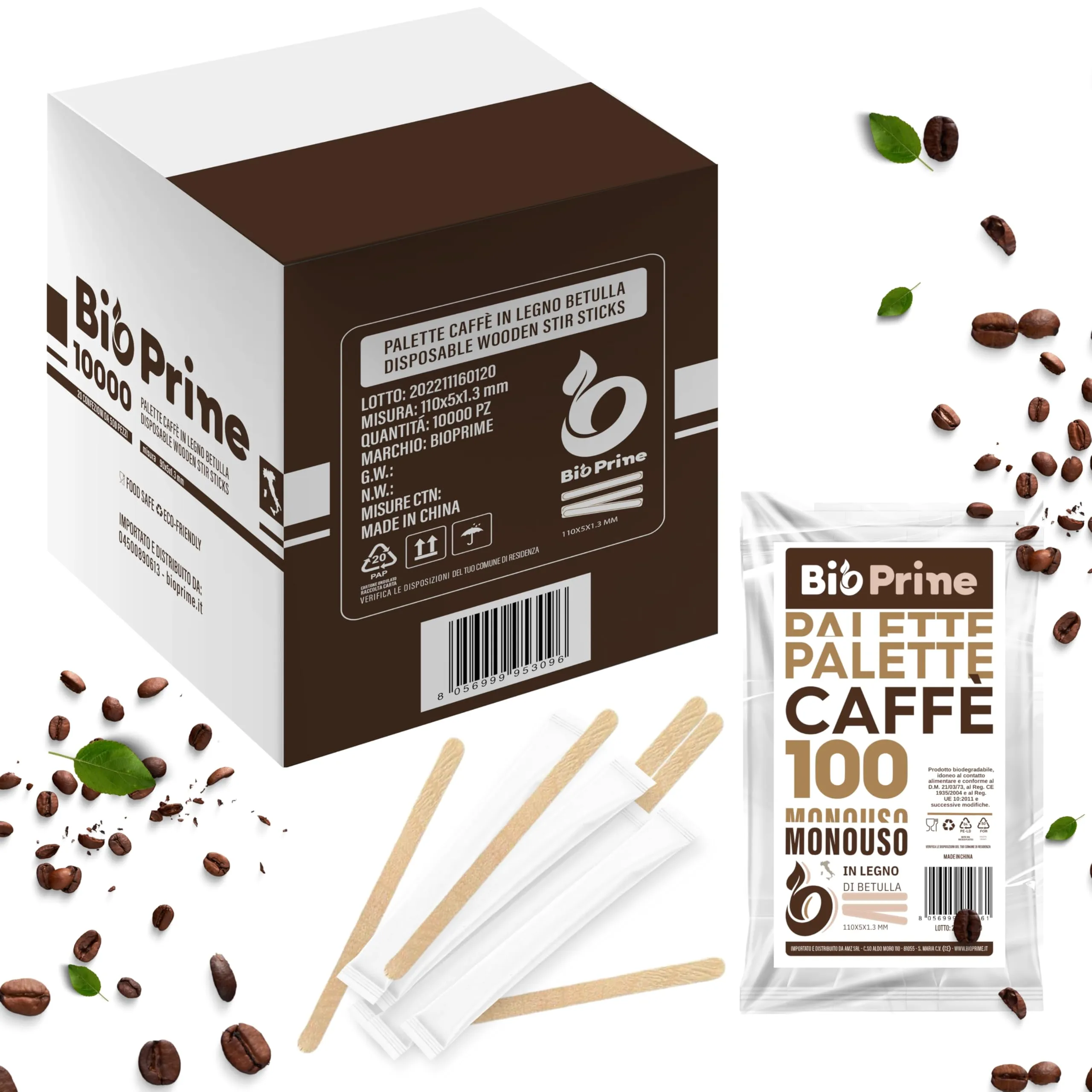 BioPrime Palettine da Caffè in Legno 9x5mmx1,3mm Imbustate Singolarmente, 10000 pz - immagine 1