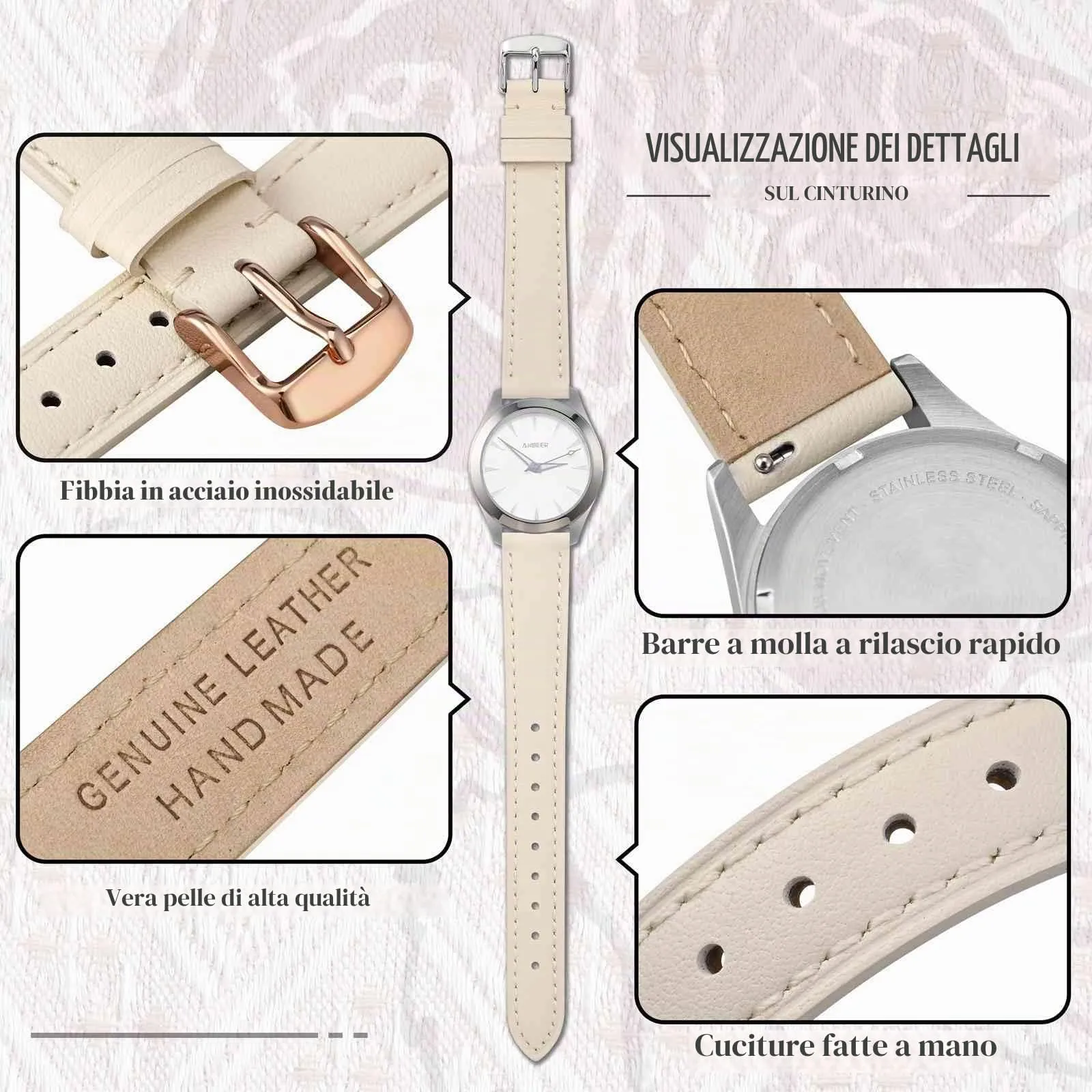 ANBEER Cinturino in Vera Pelle 14mm a Sgancio Rapido, Beige con Fibbia Oro Rosa - immagine 3