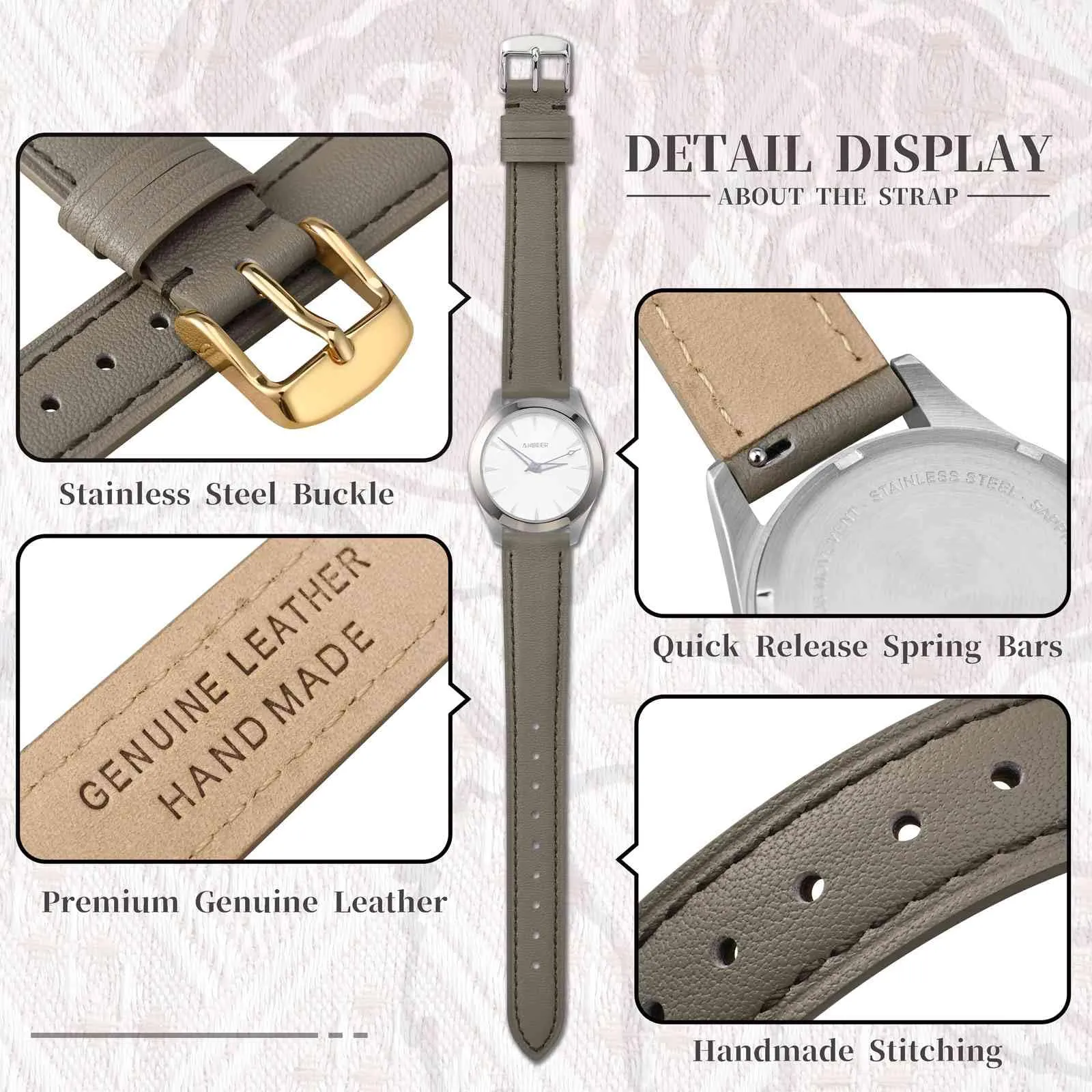 ANBEER Cinturino in Vera Pelle 20mm a Sgancio Rapido, Grigio Caldo con Fibbia Dorata - immagine 3