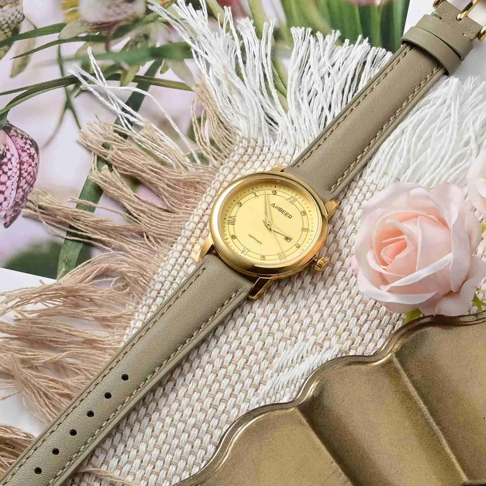 ANBEER 20mm Cinturino in Vera Pelle a Sgancio Rapido, Kaki Chiaro con Fibbia Dorata - immagine 2