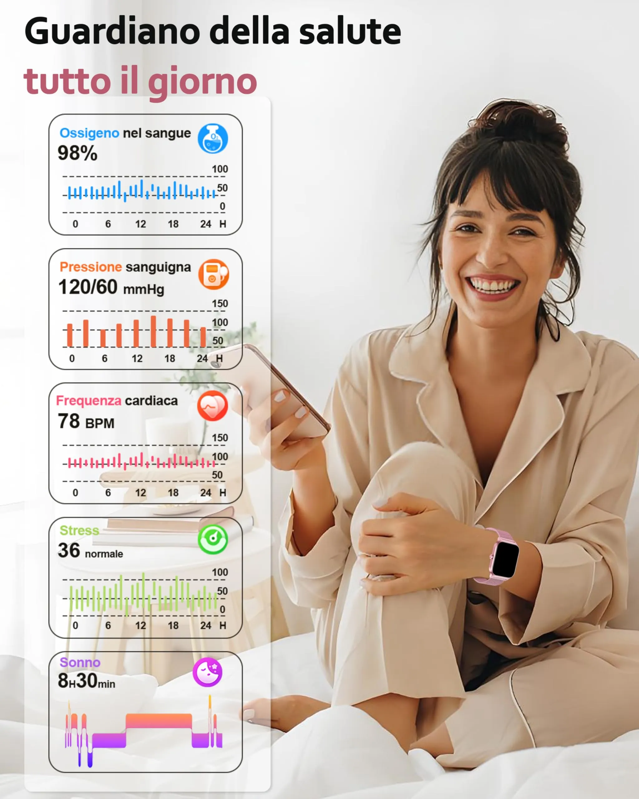 Popglory Smartwatch 1.85" per Uomo e Donna, Chiamate Bluetooth, Assistente AI, 100+ Modalità Sportive, Monitoraggio Salute (Frequenza Cardiaca, SpO2, Pressione Sanguigna, Sonno, Stress), Compatibile Android e iOS, 2 Cinturini (Rosa Milanese e Rosa Silicone) - immagine 3