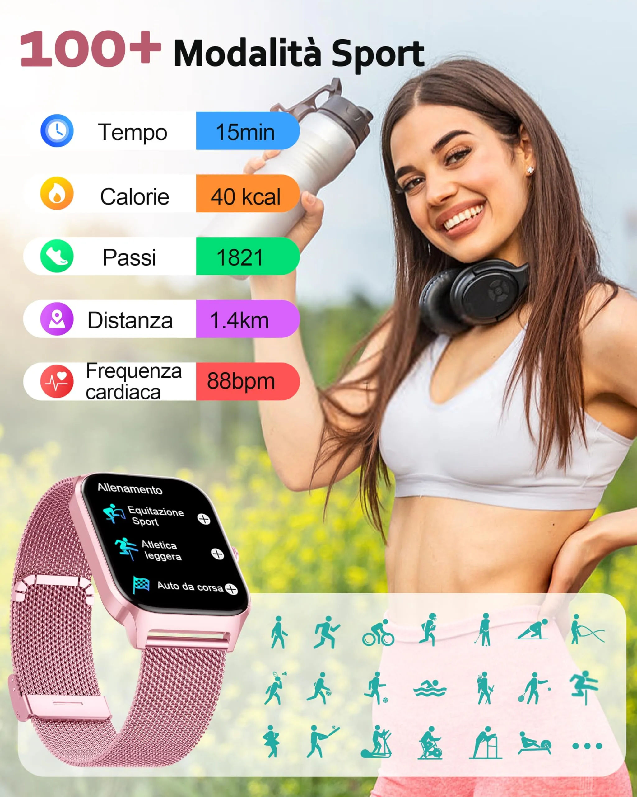 Popglory Smartwatch 1.85" per Uomo e Donna, Chiamate Bluetooth, Assistente AI, 100+ Modalità Sportive, Monitoraggio Salute (Frequenza Cardiaca, SpO2, Pressione Sanguigna, Sonno, Stress), Compatibile Android e iOS, 2 Cinturini (Rosa Milanese e Rosa Silicone) - immagine 5