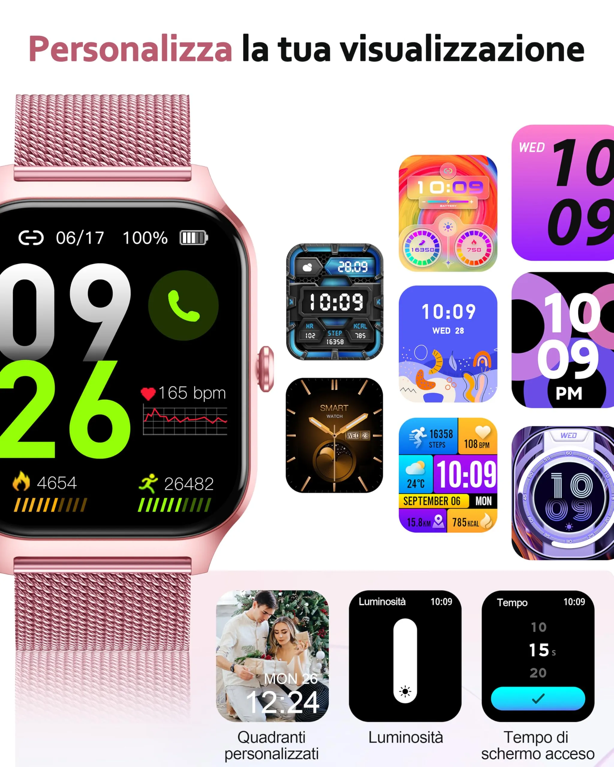 Popglory Smartwatch 1.85" per Uomo e Donna, Chiamate Bluetooth, Assistente AI, 100+ Modalità Sportive, Monitoraggio Salute (Frequenza Cardiaca, SpO2, Pressione Sanguigna, Sonno, Stress), Compatibile Android e iOS, 2 Cinturini (Rosa Milanese e Rosa Silicone) - immagine 6
