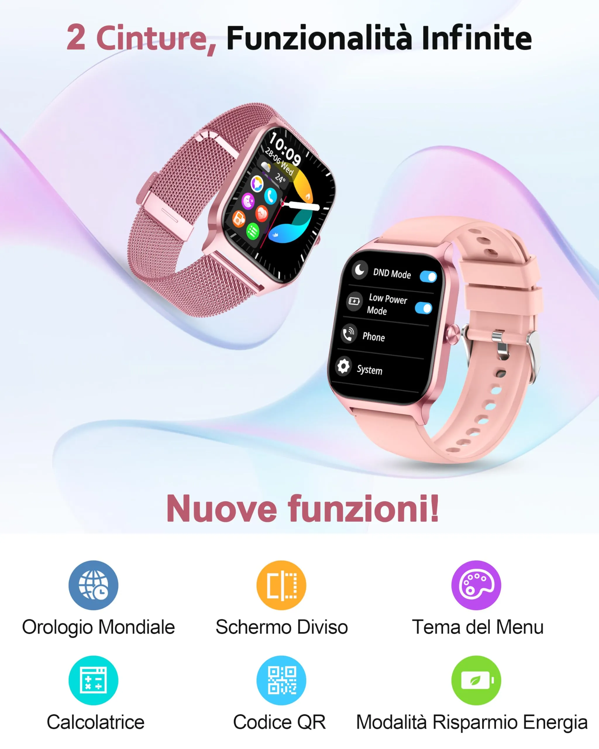 Popglory Smartwatch 1.85" per Uomo e Donna, Chiamate Bluetooth, Assistente AI, 100+ Modalità Sportive, Monitoraggio Salute (Frequenza Cardiaca, SpO2, Pressione Sanguigna, Sonno, Stress), Compatibile Android e iOS, 2 Cinturini (Rosa Milanese e Rosa Silicone) - immagine 7