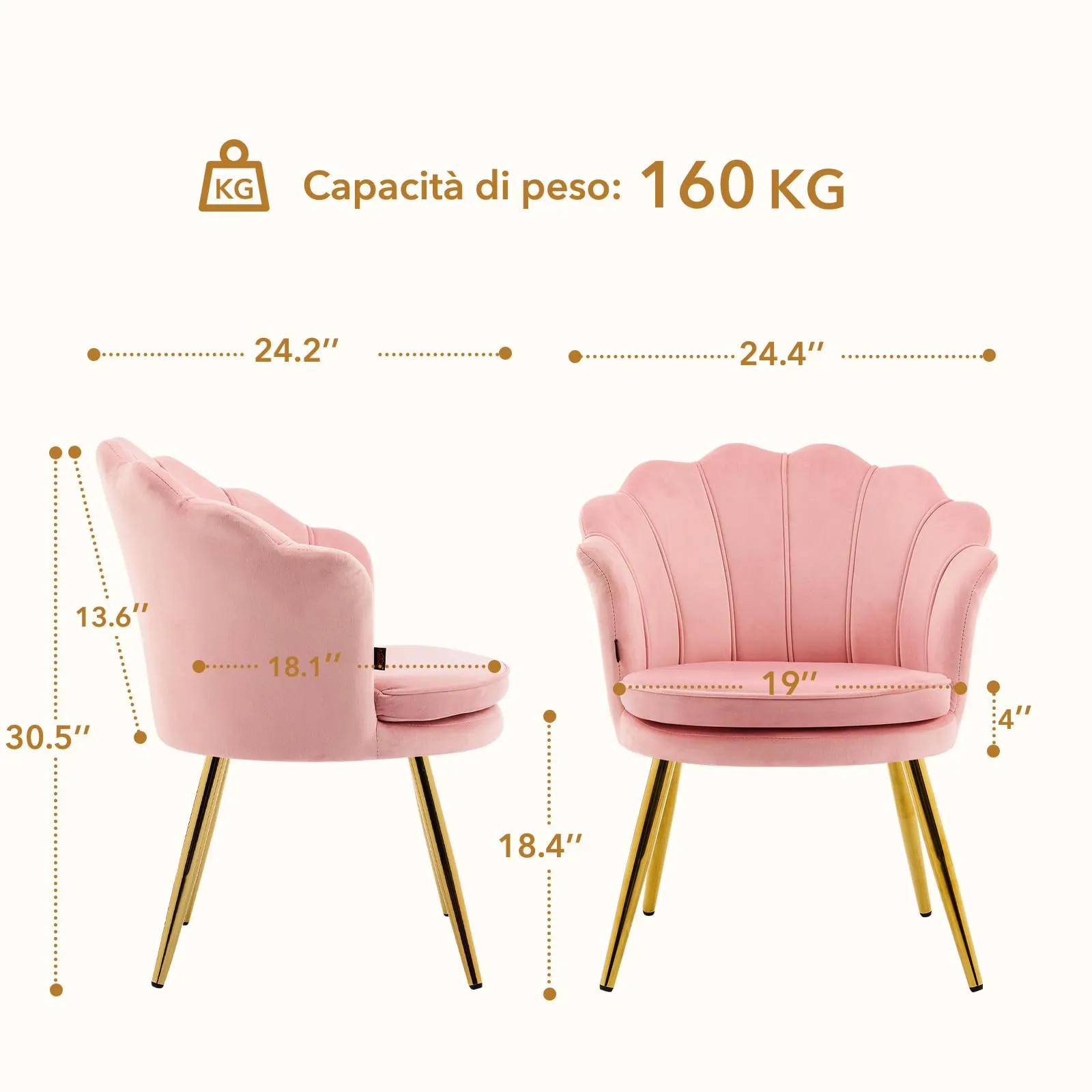 Ckaff Set di 2 Poltrone Conchiglia in Velluto con Gambe in Oro, Rosa - immagine 2