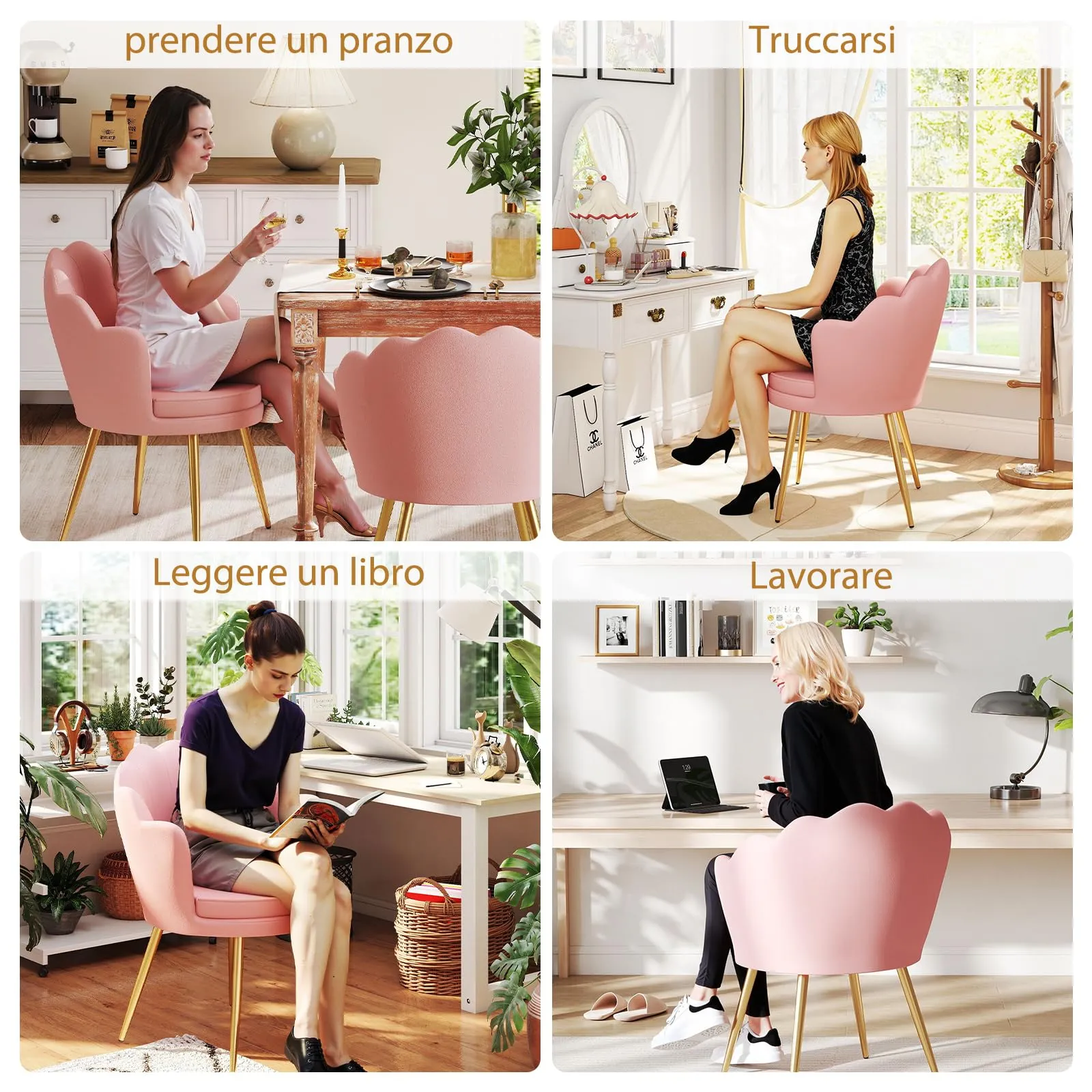 Ckaff Set di 2 Poltrone Conchiglia in Velluto con Gambe in Oro, Rosa - immagine 3
