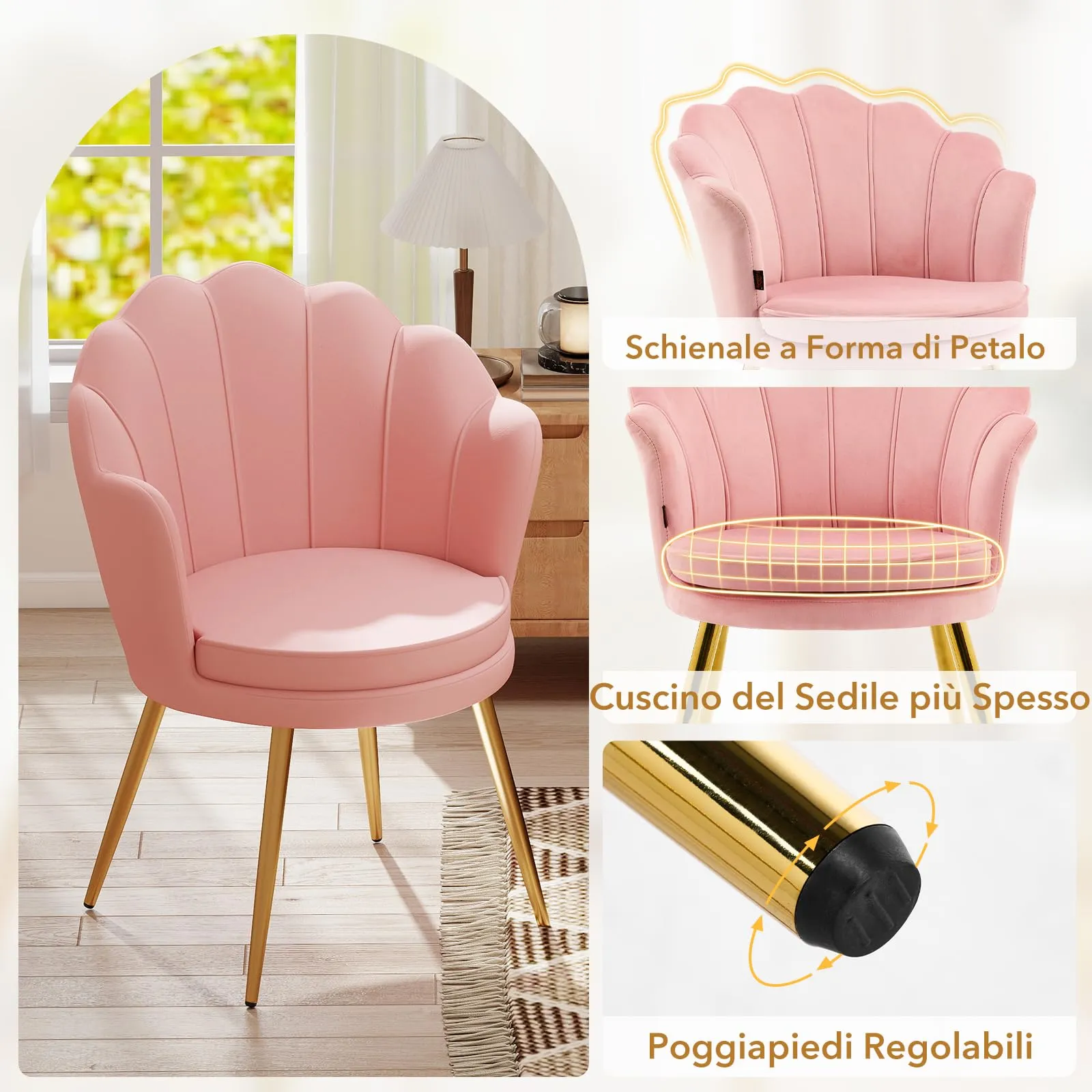 Ckaff Set di 2 Poltrone Conchiglia in Velluto con Gambe in Oro, Rosa - immagine 6