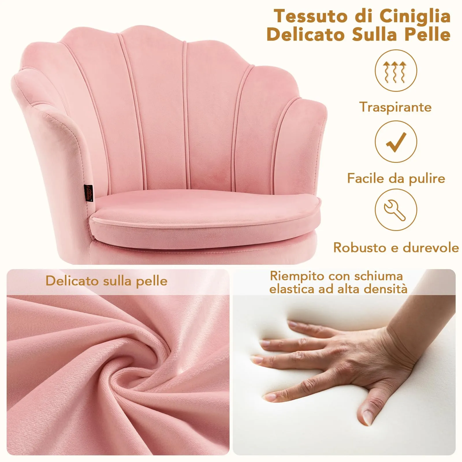 Ckaff Set di 2 Poltrone Conchiglia in Velluto con Gambe in Oro, Rosa - immagine 7