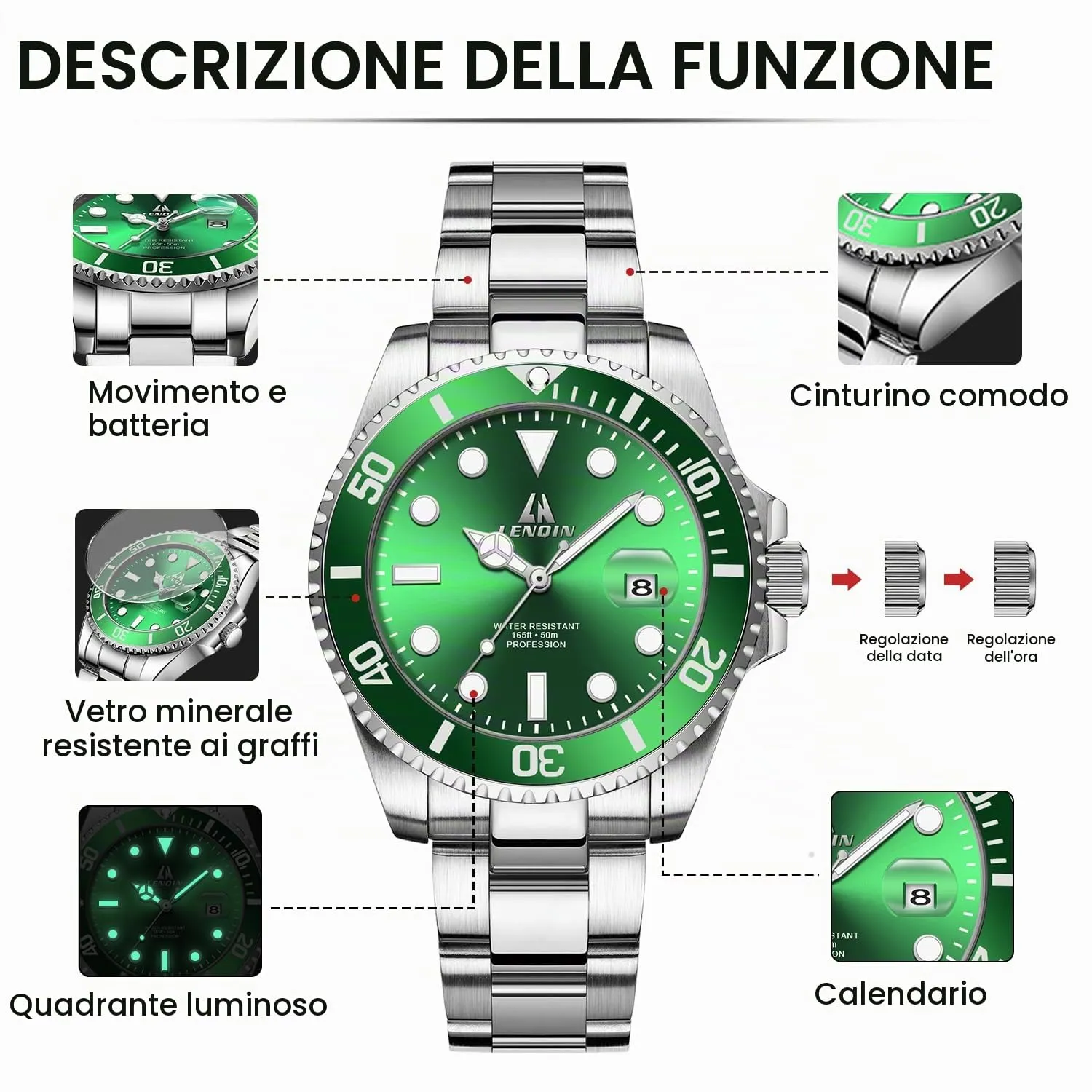 LN LENQIN Orologio Uomo Analogico al Quarzo in Acciaio Inossidabile Impermeabile 3ATM - immagine 7