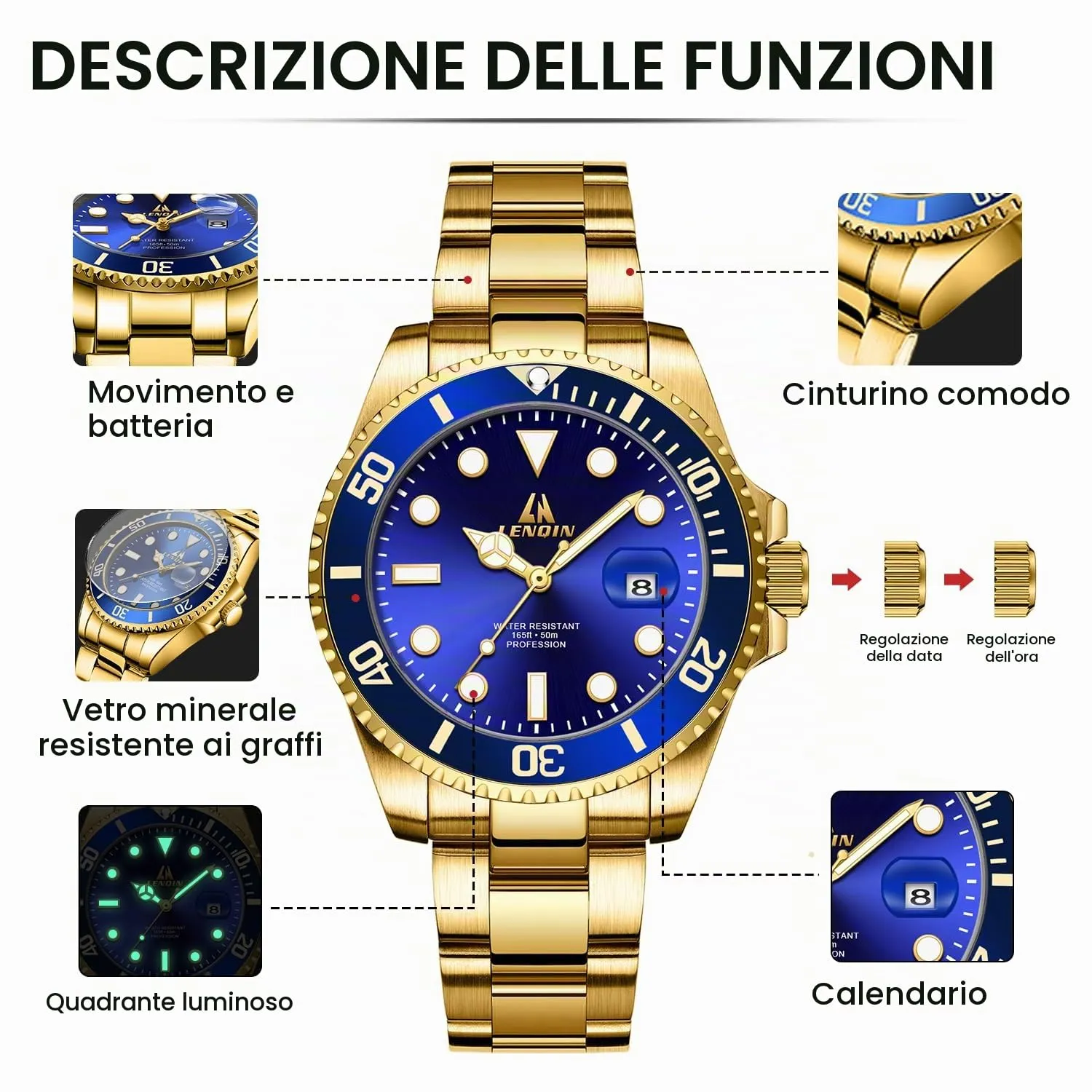 LN LENQIN Orologio Uomo in Acciaio Analogico al Quarzo Impermeabile 3ATM - immagine 7