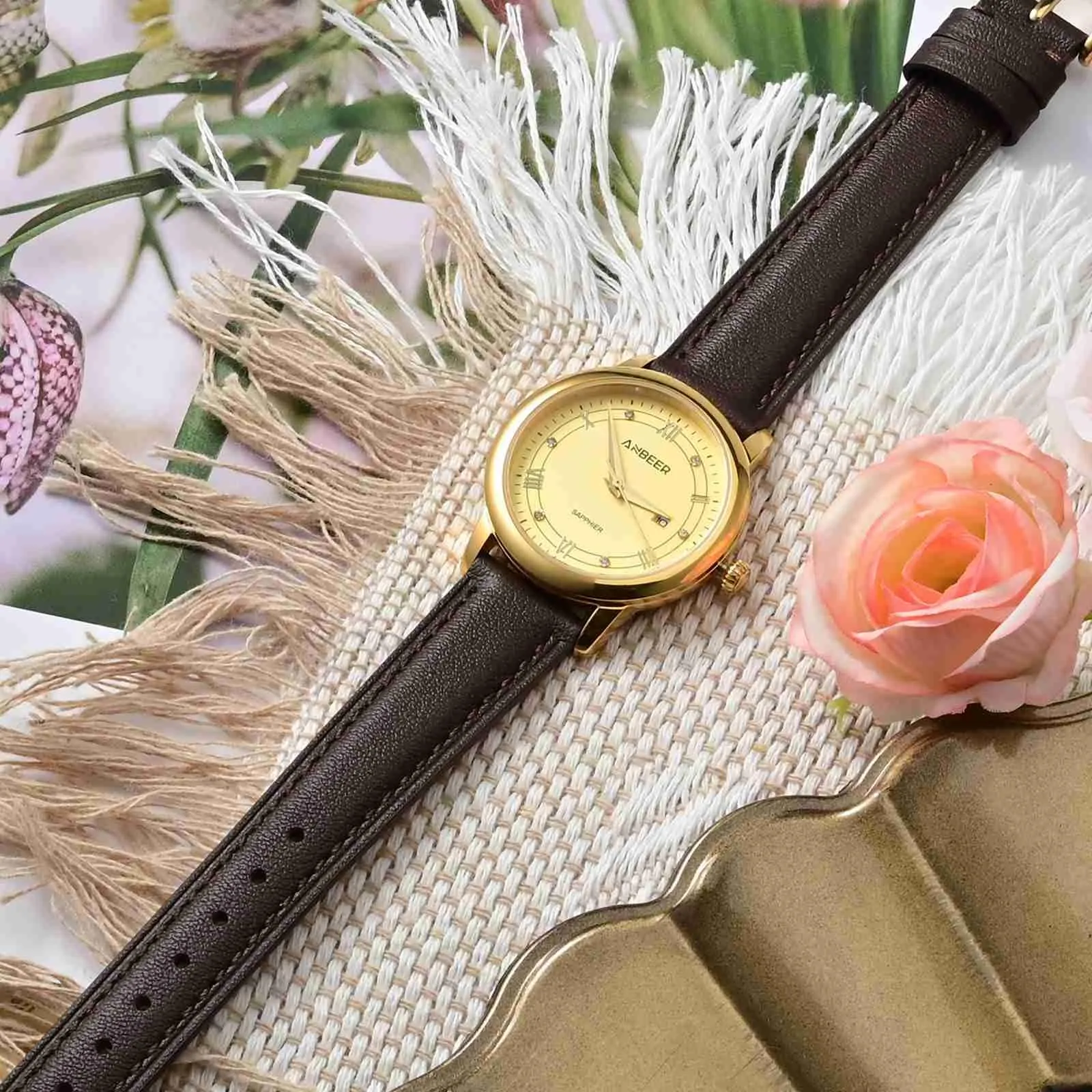 ANBEER Cinturino in Vera Pelle 22mm a Sgancio Rapido, Marrone Scuro con Fibbia Argentata - immagine 2