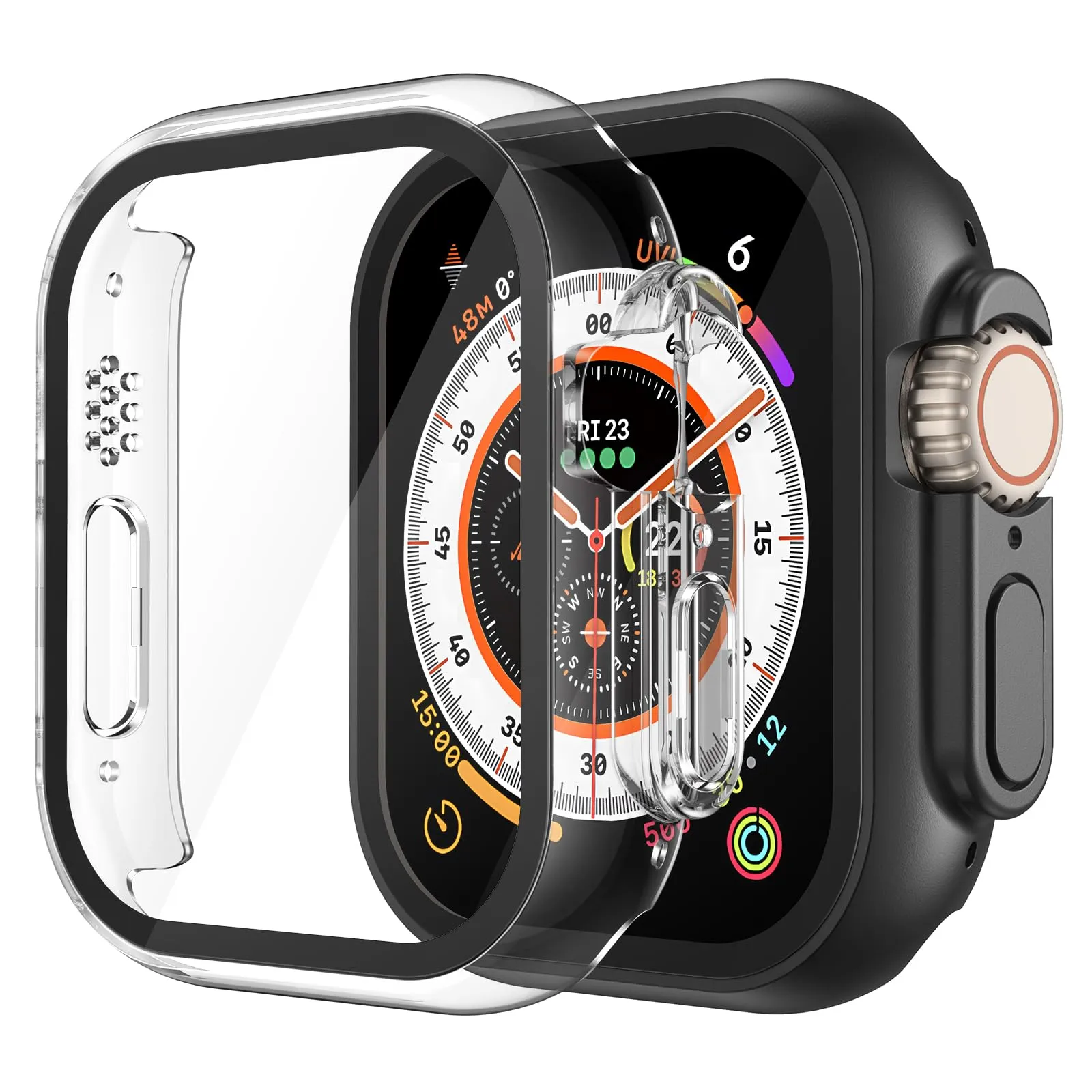 Misxi Custodia Protettiva con Vetro Temperato per Apple Watch Ultra 4/3/2/1 49mm, 1 Nero + 1 Trasparente - immagine 1