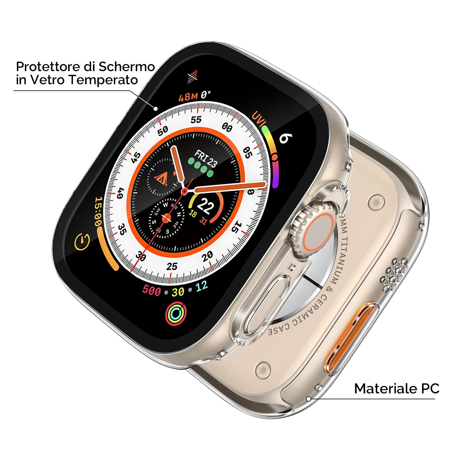 Misxi Custodia Protettiva con Vetro Temperato per Apple Watch Ultra 4/3/2/1 49mm, 1 Nero + 1 Trasparente - immagine 4