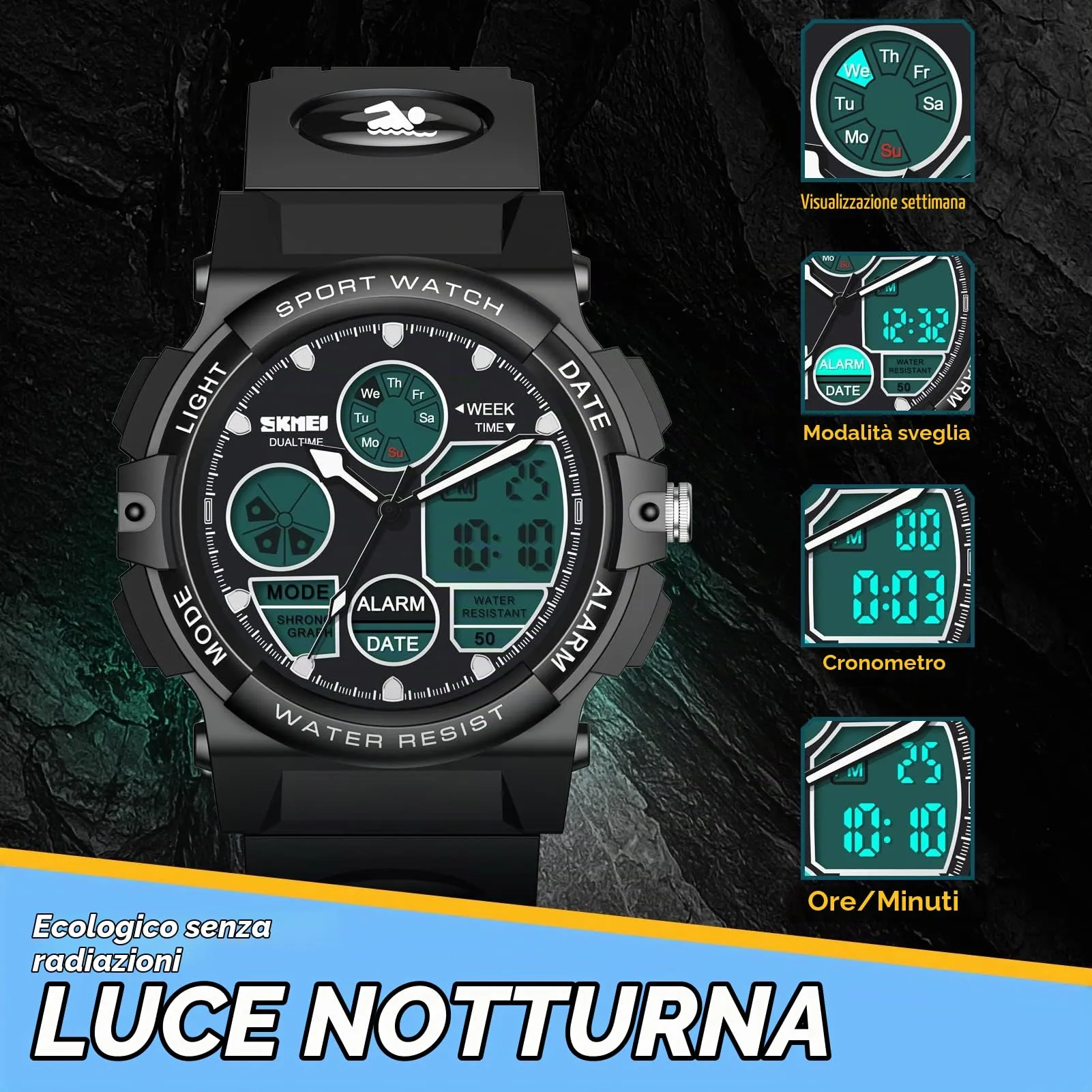Dislocati Orologio Digitale Multifunzione per Bambini, Impermeabile, LED, Nero - immagine 2