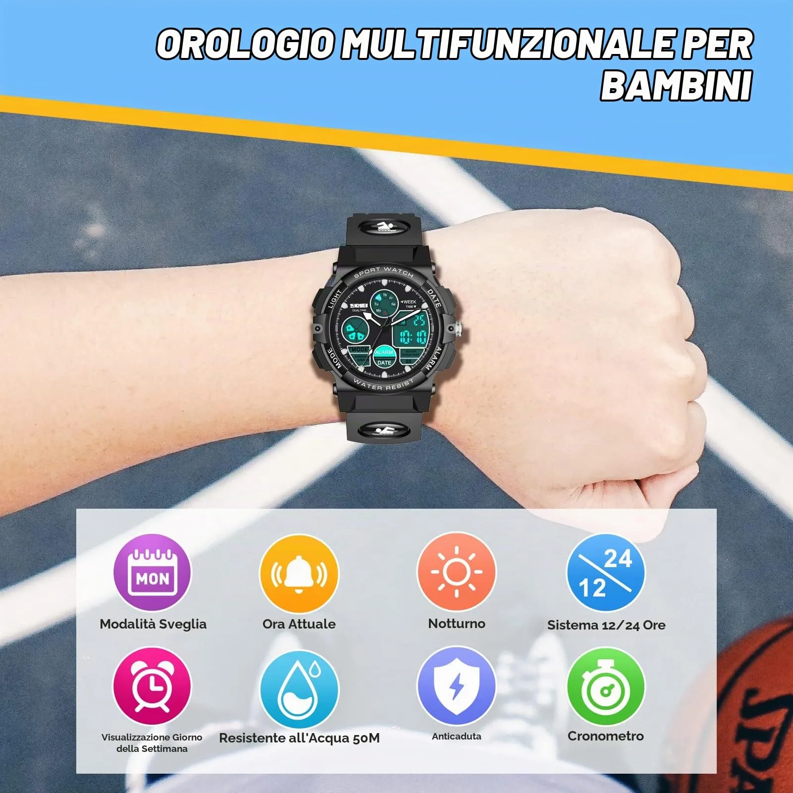Dislocati Orologio Digitale Multifunzione per Bambini, Impermeabile, LED, Nero - immagine 3