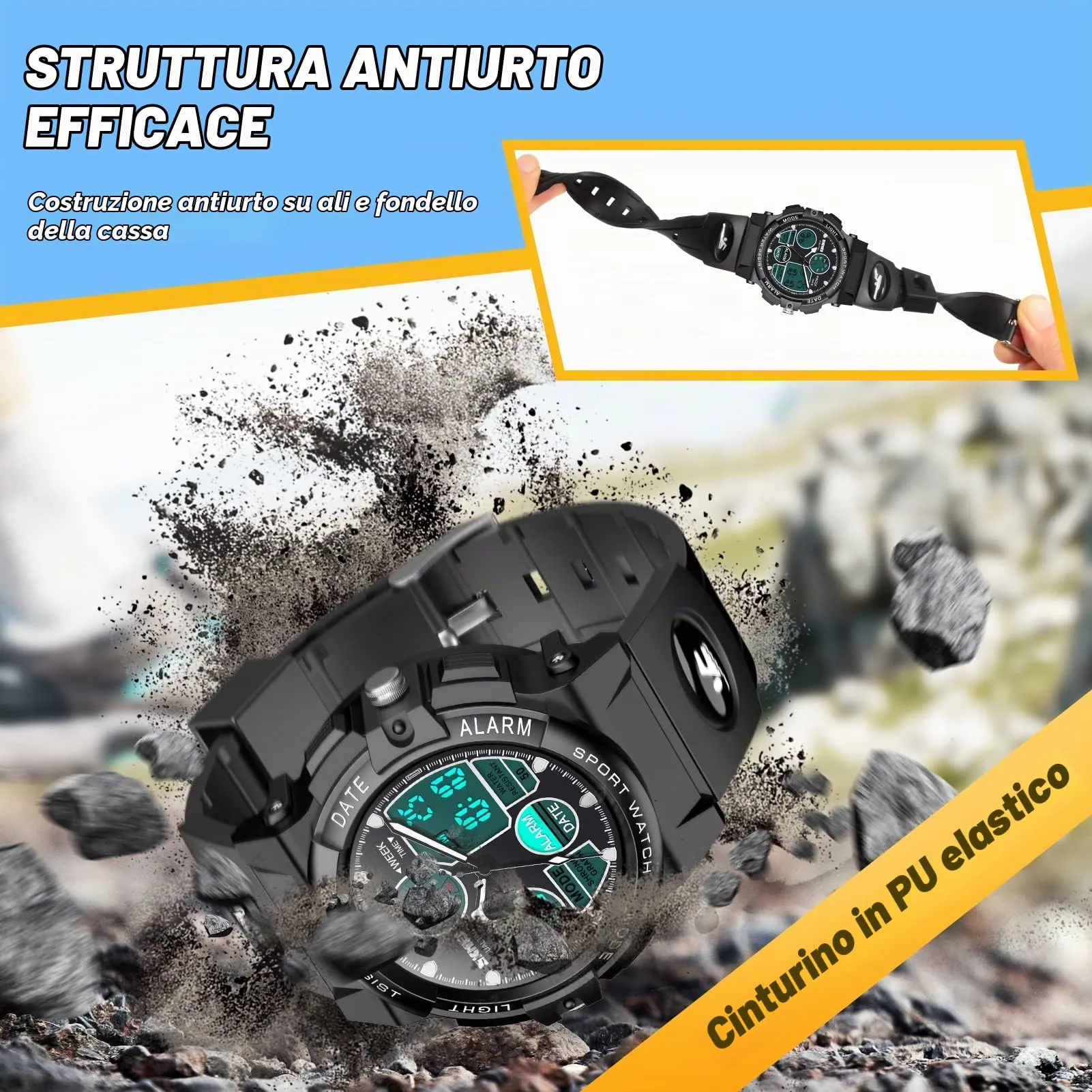 Dislocati Orologio Digitale Multifunzione per Bambini, Impermeabile, LED, Nero - immagine 4