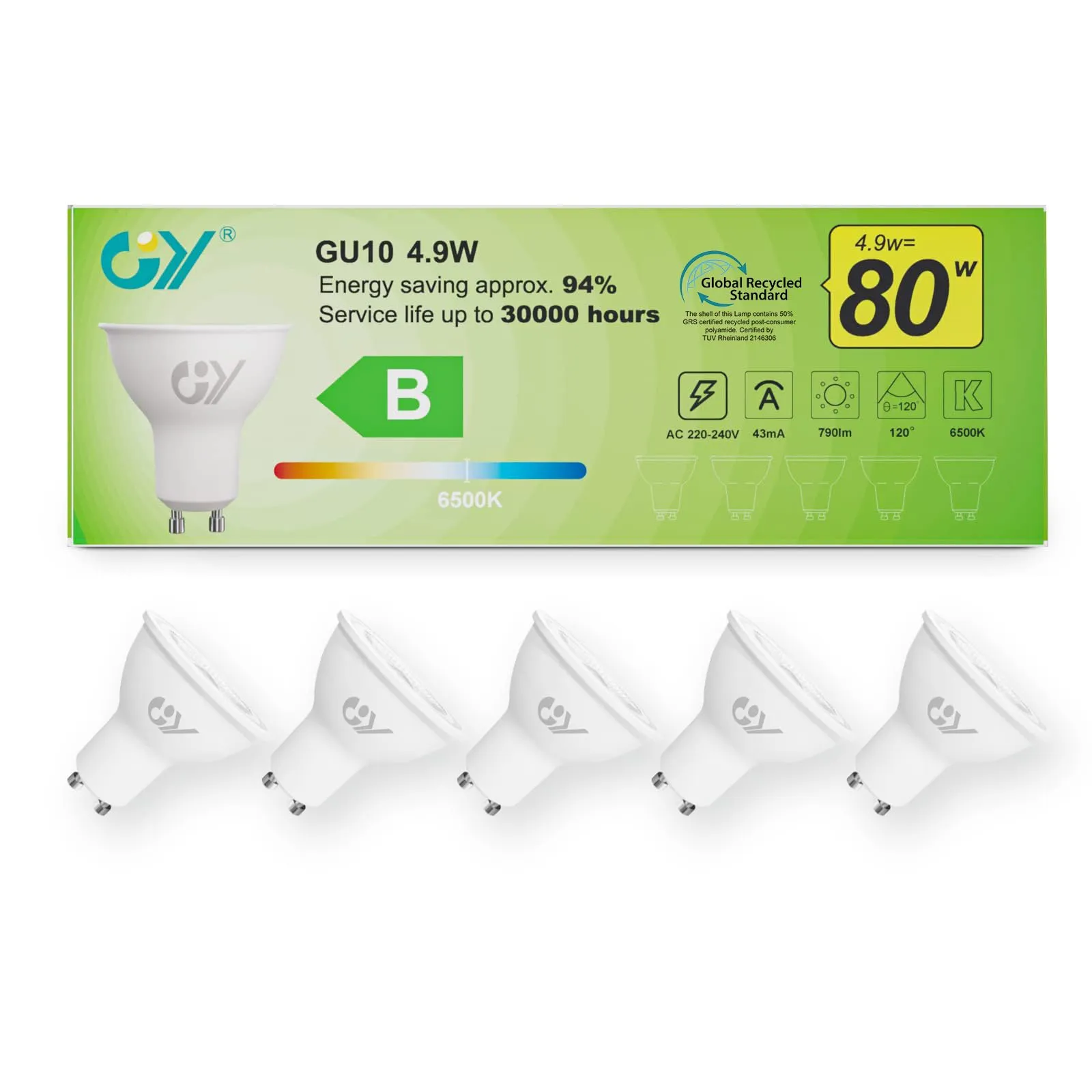 GY Lampadine GU10 LED, 4.9W, 790 Lumen, 6500K Bianco Freddo, 5 pezzi - immagine 1