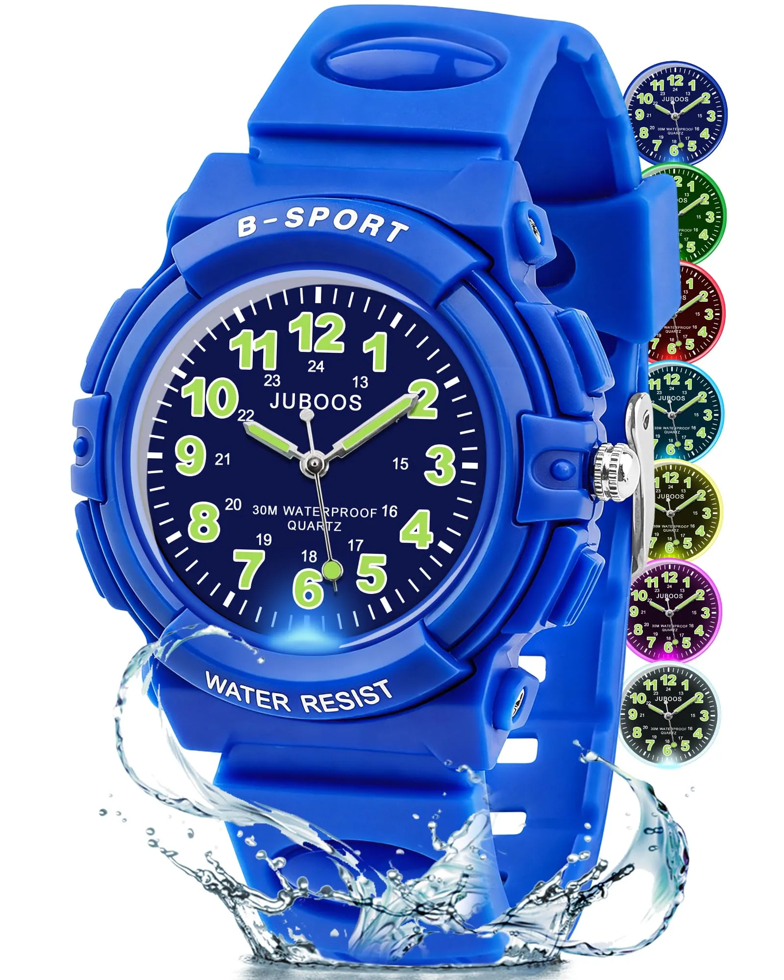 Juboos Orologio Analogico per Bambini con 7 Luci Notturne, Impermeabile, Verde Acqua - immagine 1