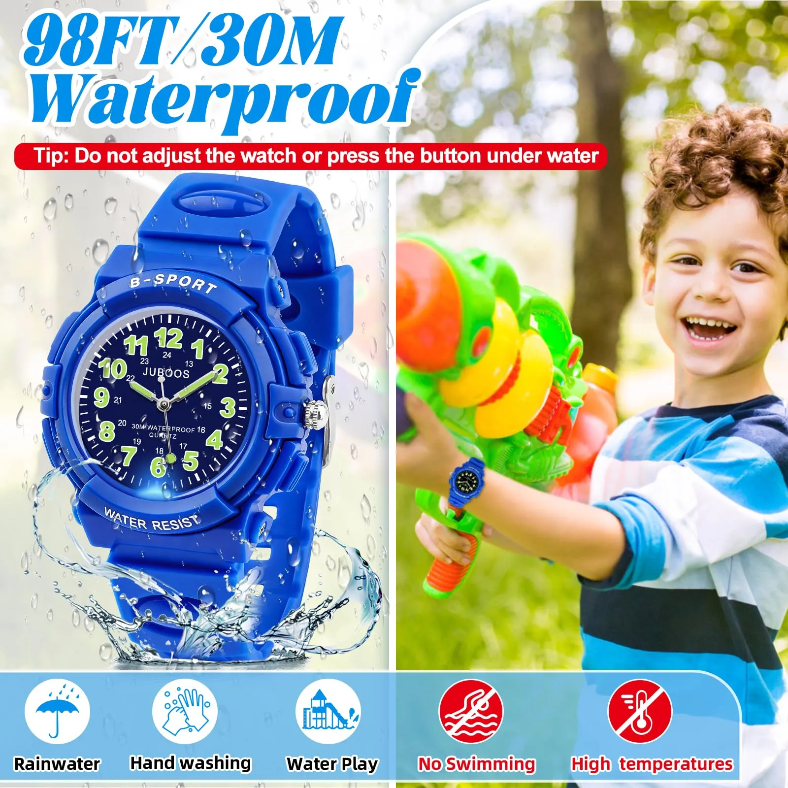 Juboos Orologio Analogico per Bambini con 7 Luci Notturne, Impermeabile, Verde Acqua - immagine 3