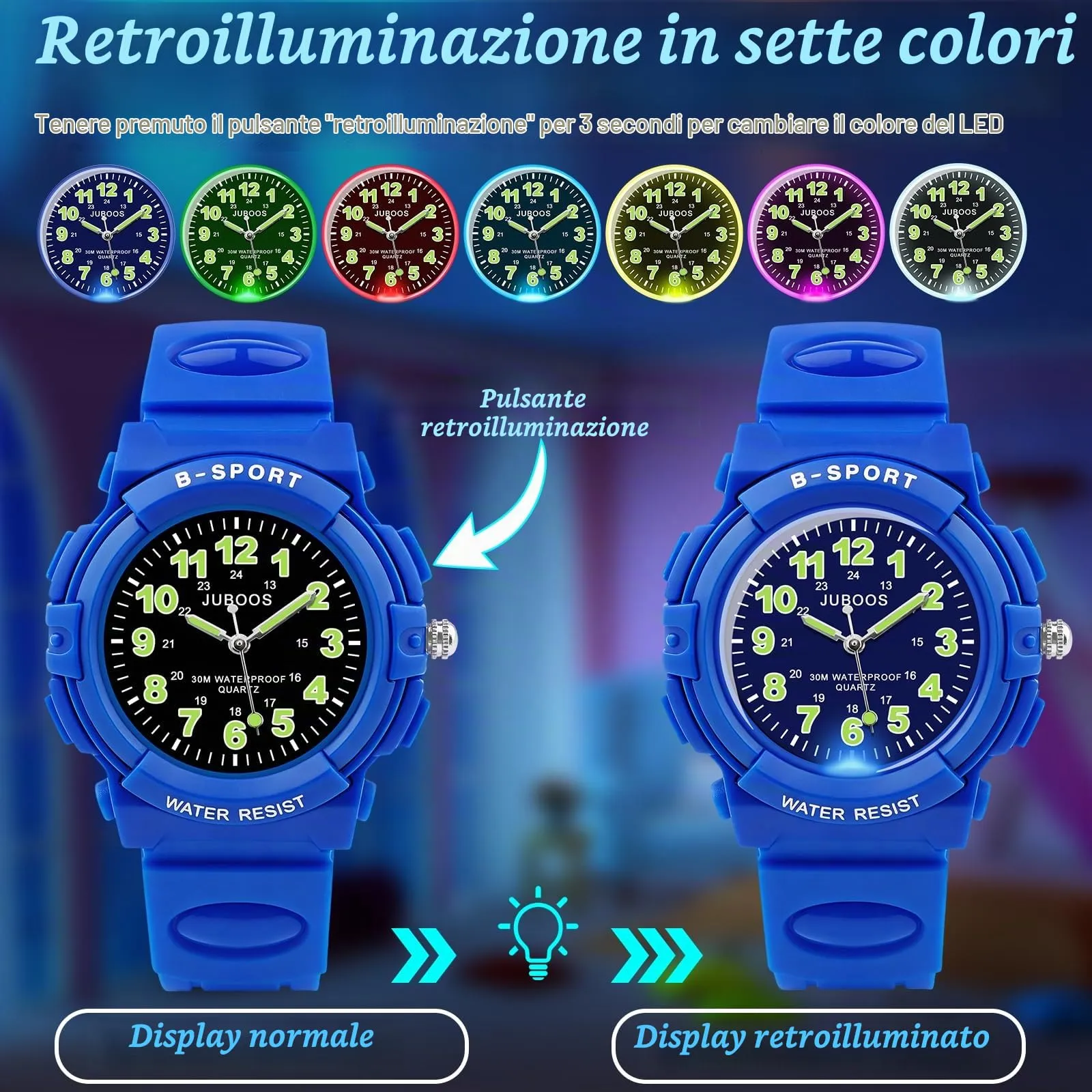 Juboos Orologio Analogico per Bambini con 7 Luci Notturne, Impermeabile, Verde Acqua - immagine 4