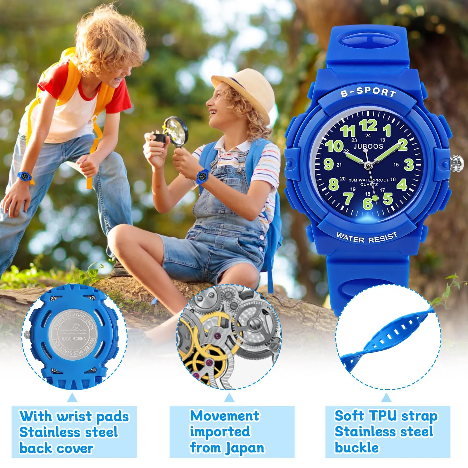 Juboos Orologio Analogico per Bambini con 7 Luci Notturne, Impermeabile, Verde Acqua - immagine 5