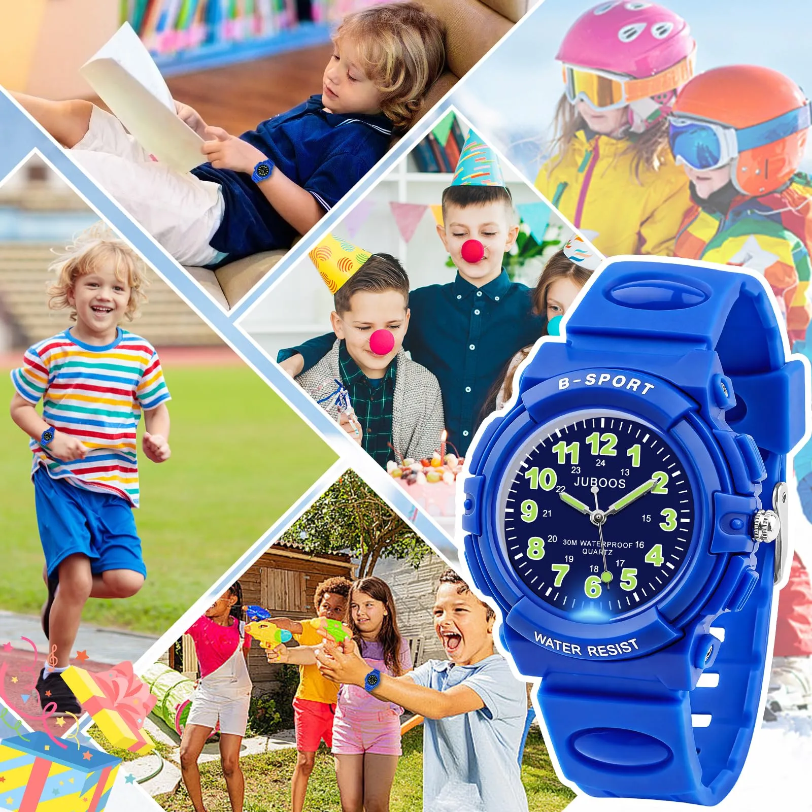 Juboos Orologio Analogico per Bambini con 7 Luci Notturne, Impermeabile, Verde Acqua - immagine 6