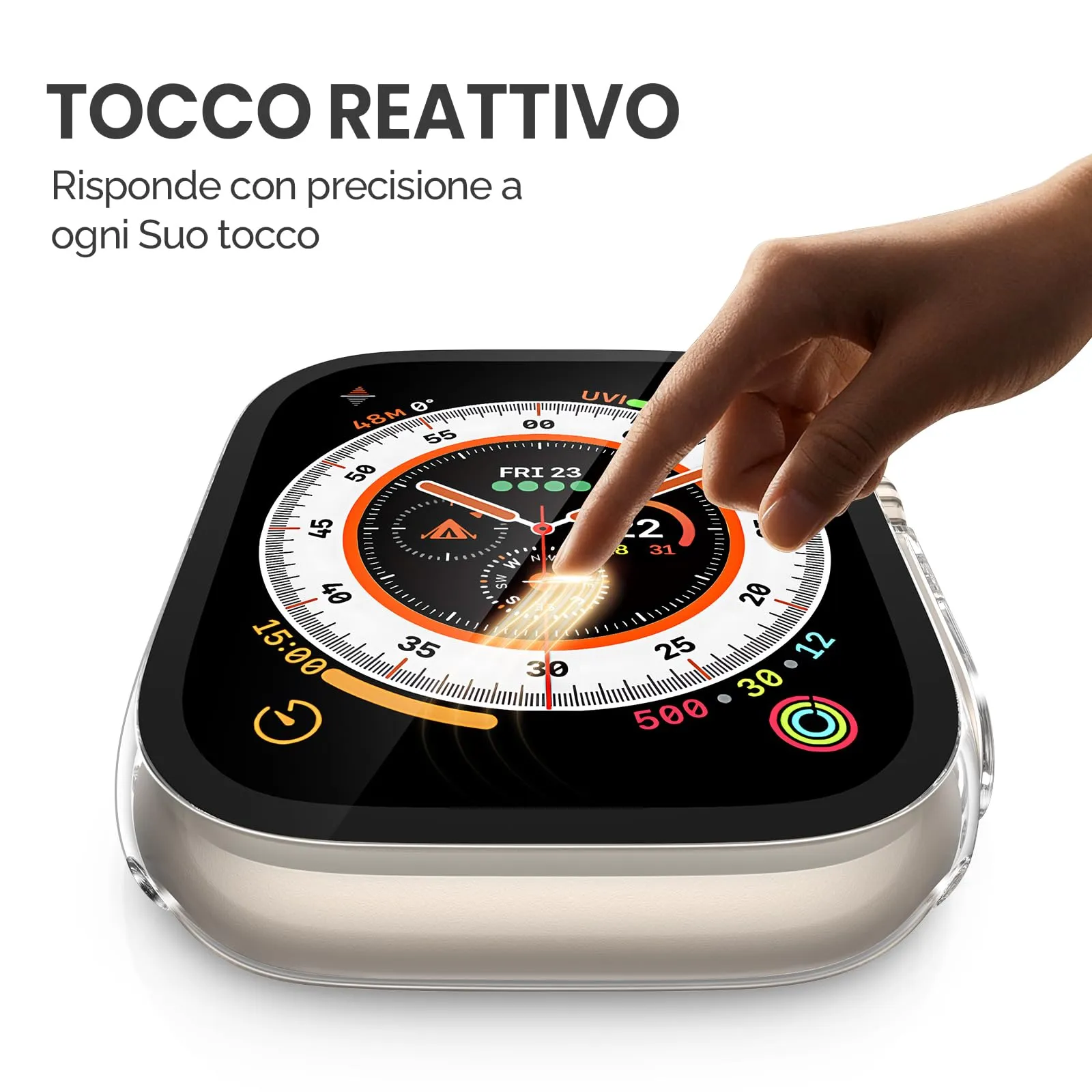 Misxi Custodia Protettiva con Vetro Temperato per Apple Watch Ultra 4/3/2/1 49mm, Trasparente (2 Pezzi) - immagine 2