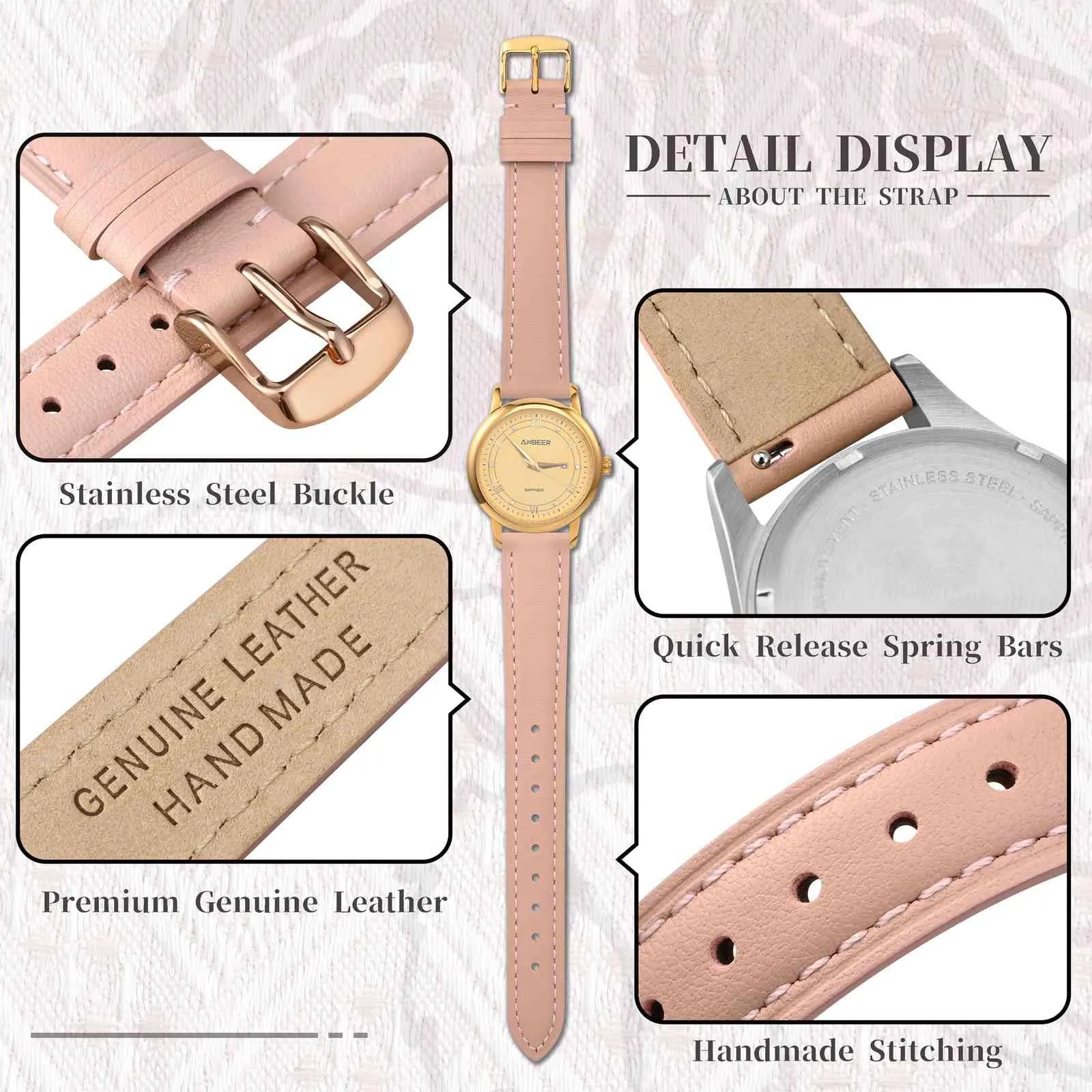 ANBEER Cinturino in Vera Pelle 22mm a Sgancio Rapido, Rosa con Fibbia Oro Rosa - immagine 3