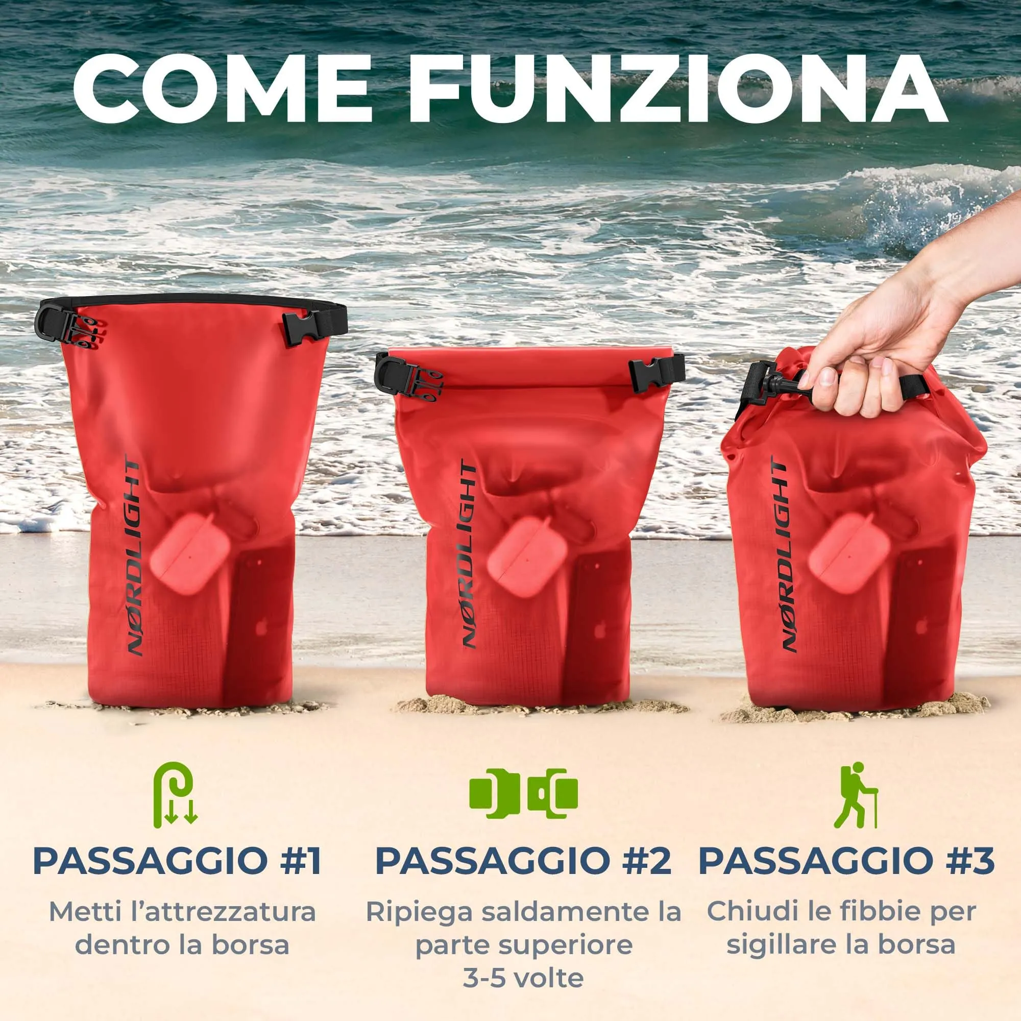 Nordlight Dry Bag Sacca Impermeabile 30L, Rosso - immagine 7