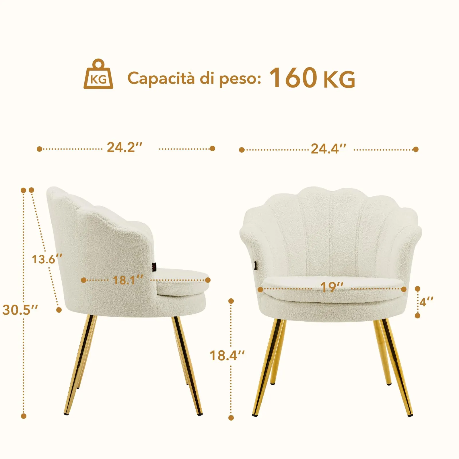 Ckaff Set di 2 Poltrona Conchiglia in Teddy Bouclé con Gambe in Oro, Bianco - immagine 2
