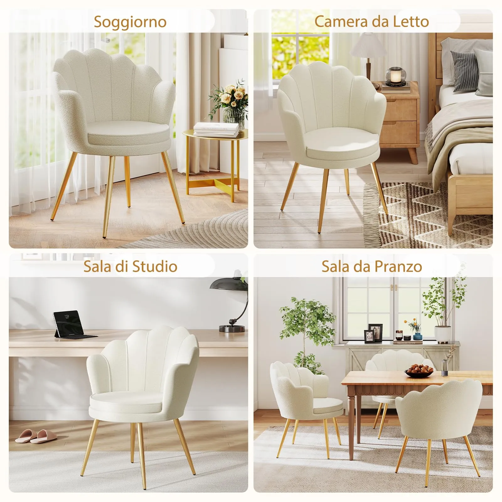 Ckaff Set di 2 Poltrona Conchiglia in Teddy Bouclé con Gambe in Oro, Bianco - immagine 4