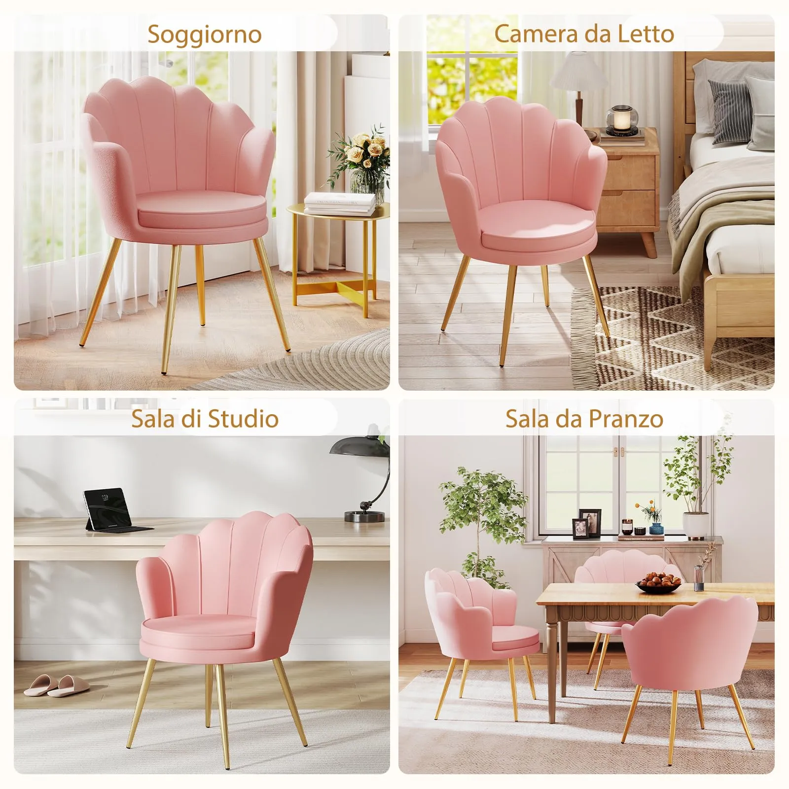 Ckaff Poltrona Conchiglia in Velluto con Gambe in Oro, Rosa - immagine 3