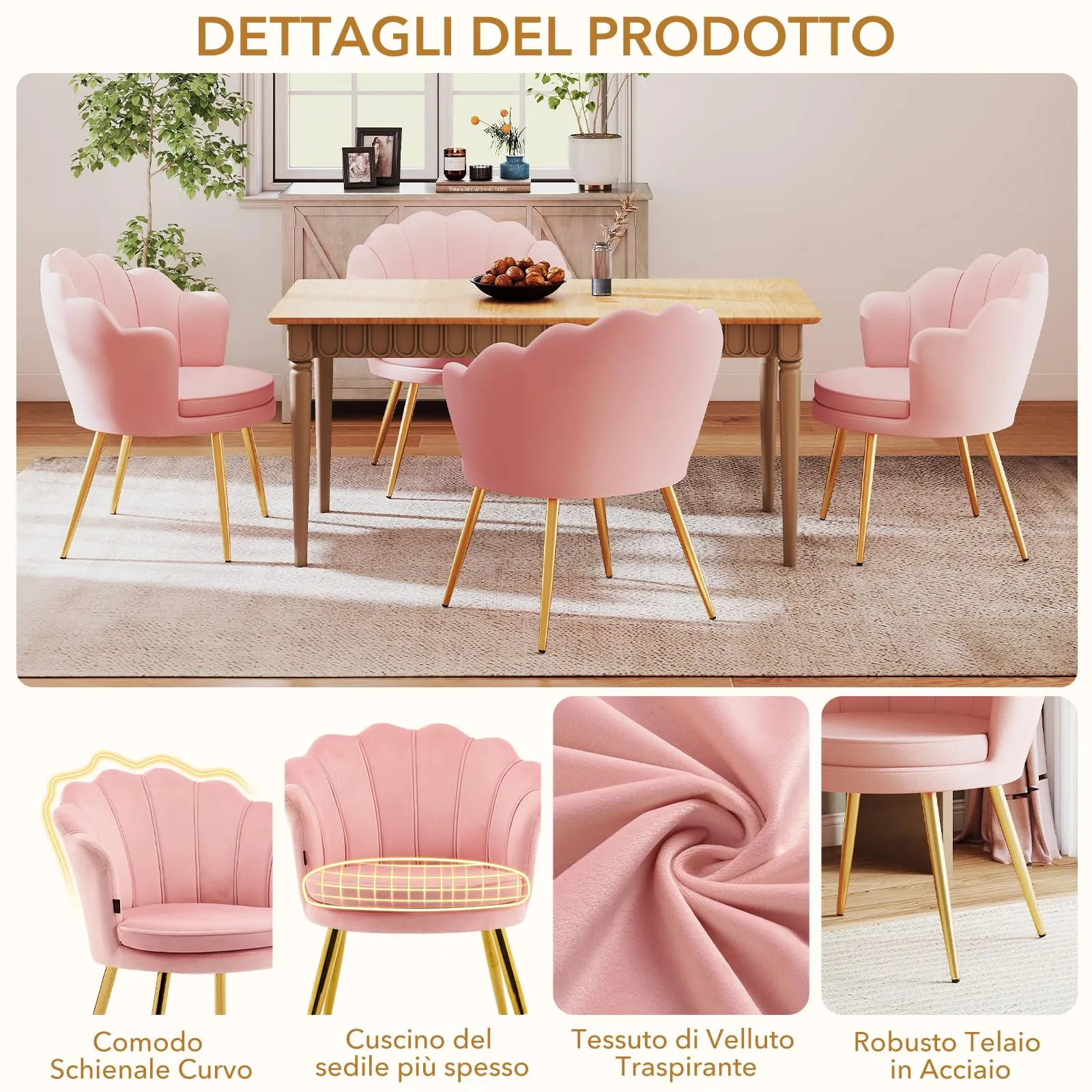 Ckaff Poltrona Conchiglia in Velluto con Gambe in Oro, Rosa - immagine 4