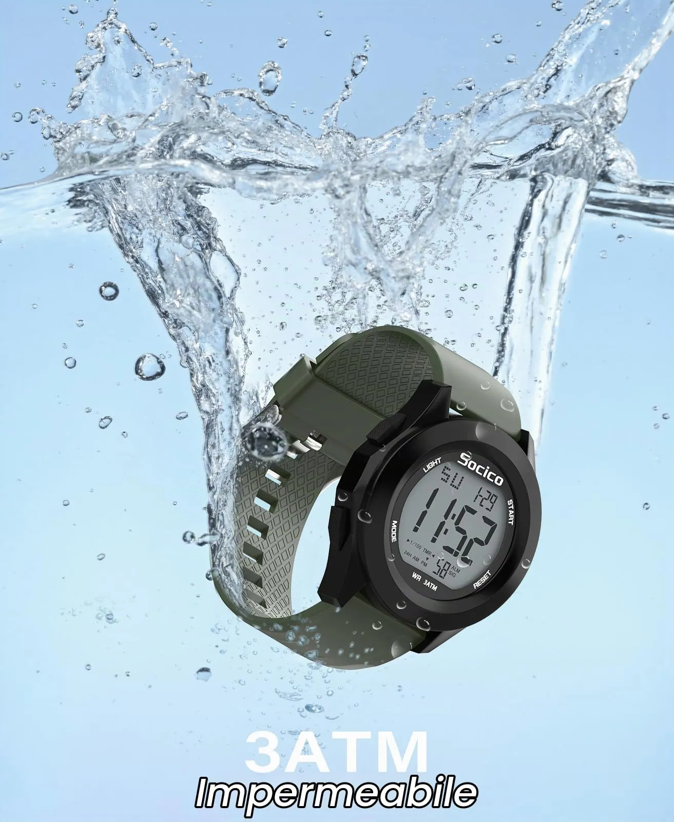 SOCICO Orologio Digitale Sportivo Militare Impermeabile con Cronografo, LED, Sveglia e Data (Verde) - immagine 2