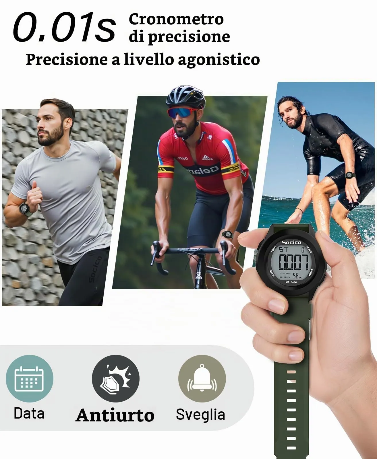 SOCICO Orologio Digitale Sportivo Militare Impermeabile con Cronografo, LED, Sveglia e Data (Verde) - immagine 3