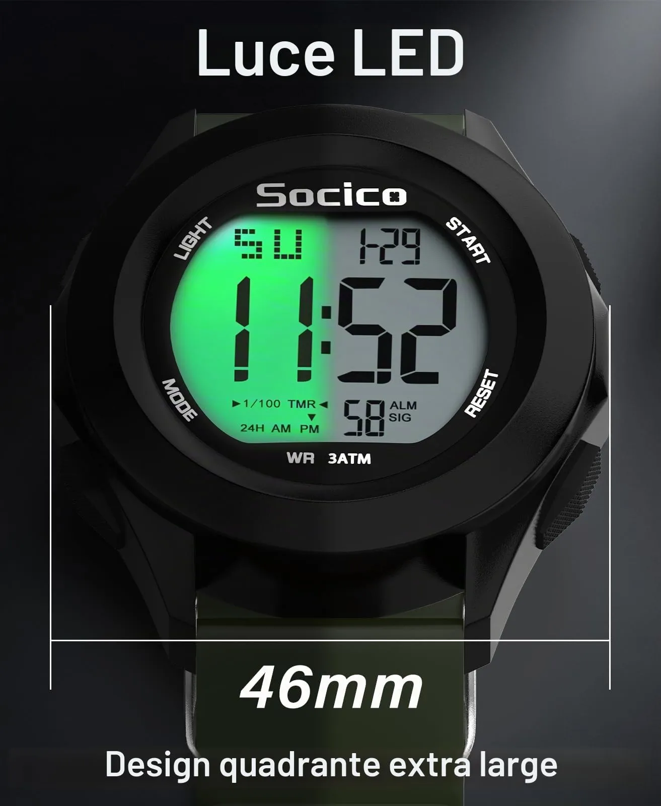 SOCICO Orologio Digitale Sportivo Militare Impermeabile con Cronografo, LED, Sveglia e Data (Verde) - immagine 4