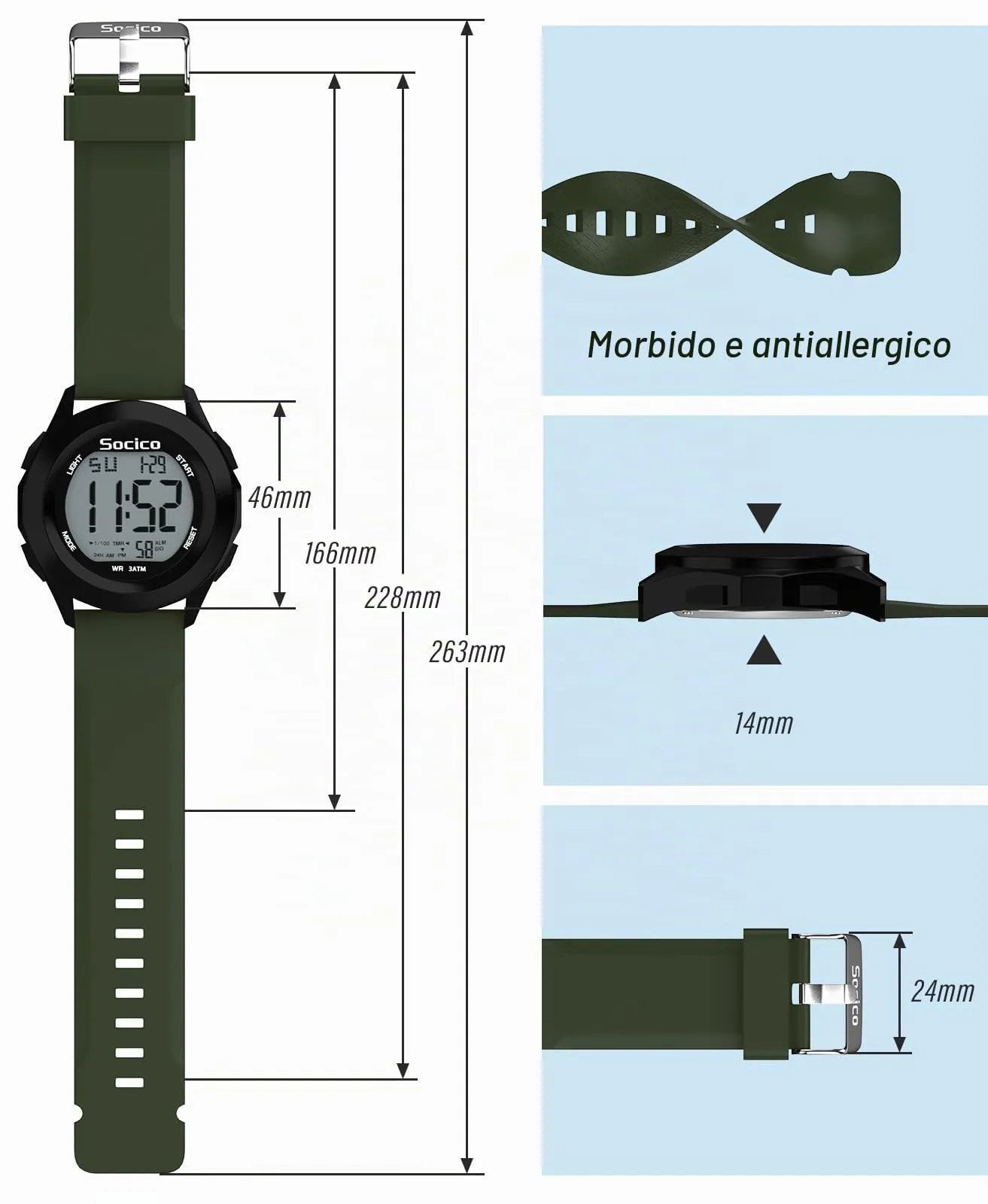 SOCICO Orologio Digitale Sportivo Militare Impermeabile con Cronografo, LED, Sveglia e Data (Verde) - immagine 5