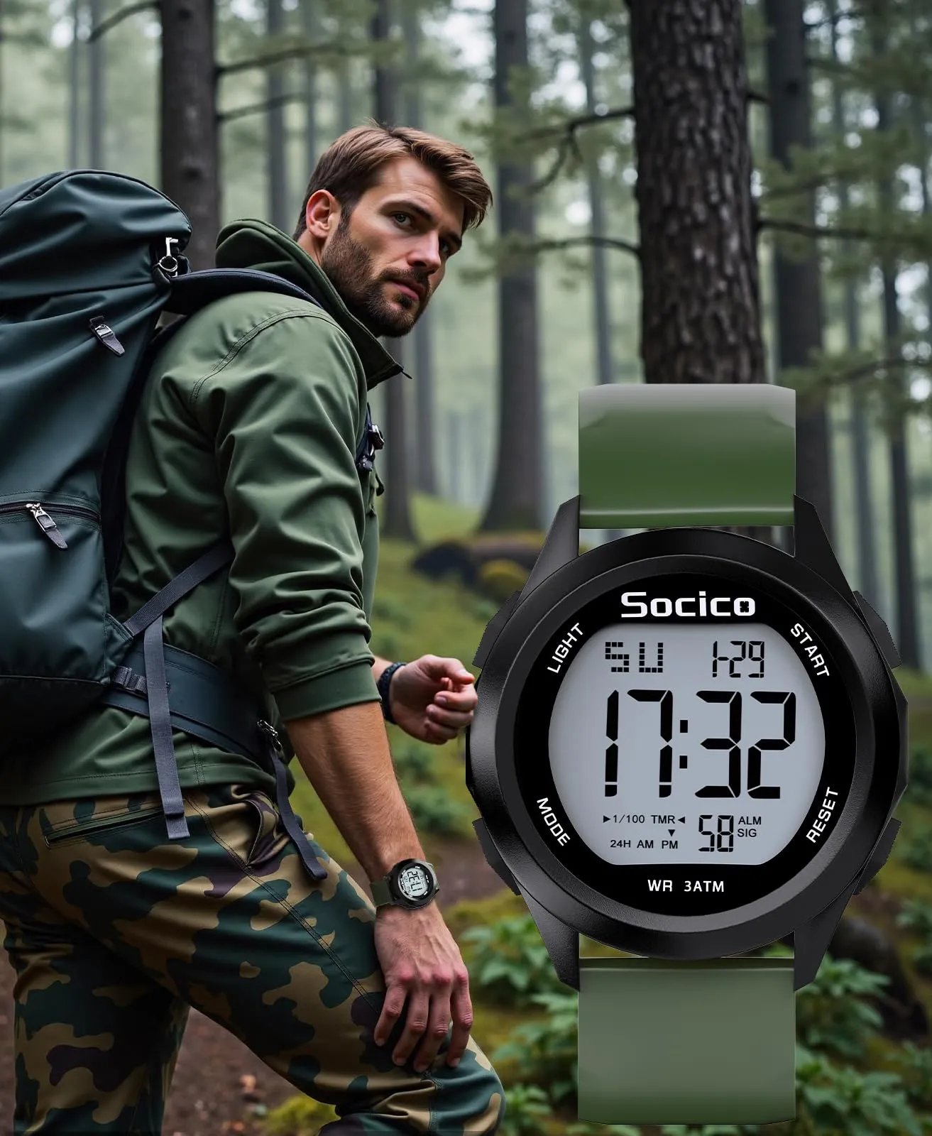 SOCICO Orologio Digitale Sportivo Militare Impermeabile con Cronografo, LED, Sveglia e Data (Verde) - immagine 6