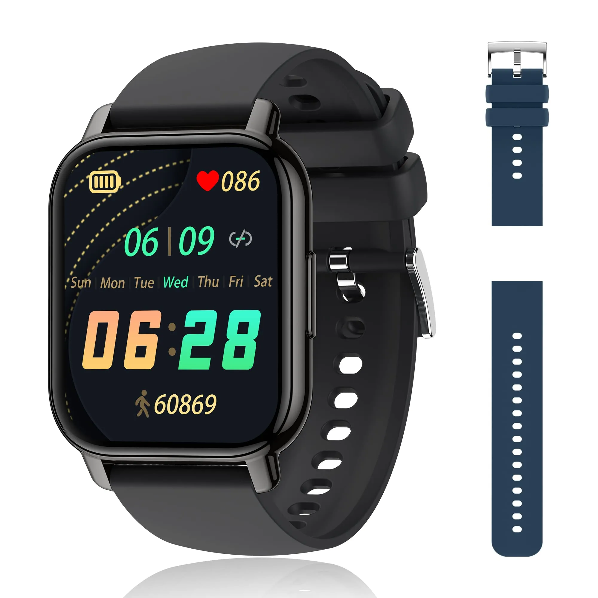 Popglory Smartwatch P66, 1,85 Pollici, 2 Cinturini, Chiamate, Whatsapp, Cardiofrequenzimetro, Pressione Sanguigna, SpO2, Sonno, per Android iOS - immagine 1
