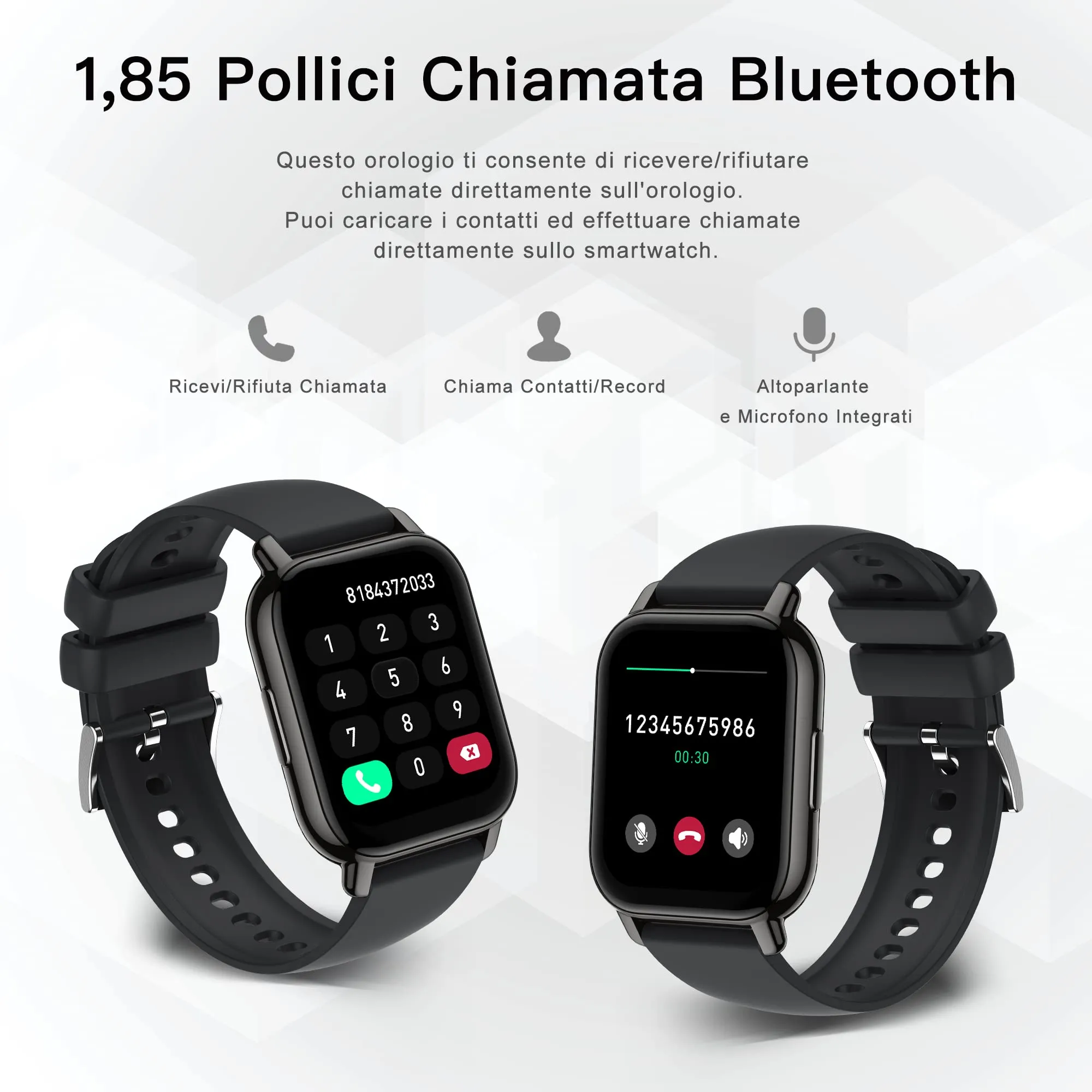 Popglory Smartwatch P66, 1,85 Pollici, 2 Cinturini, Chiamate, Whatsapp, Cardiofrequenzimetro, Pressione Sanguigna, SpO2, Sonno, per Android iOS - immagine 2