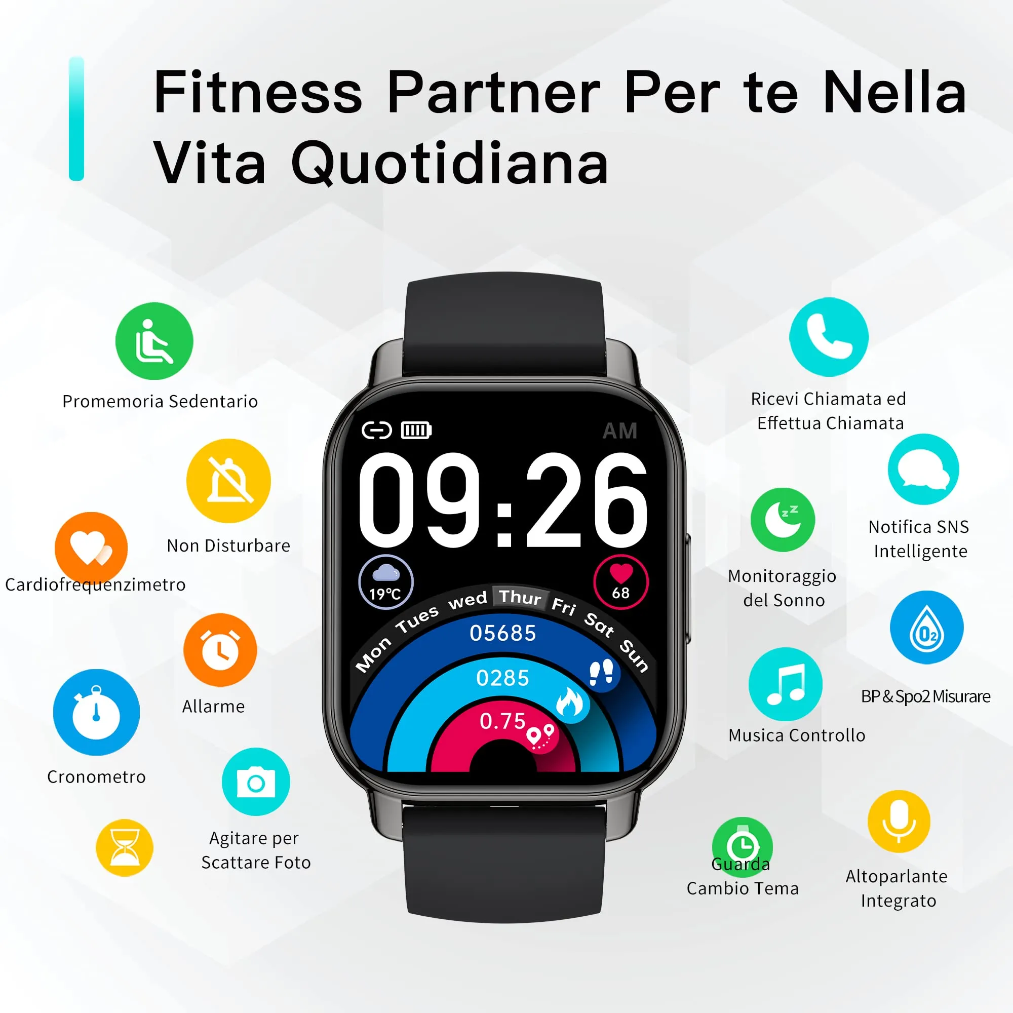 Popglory Smartwatch P66, 1,85 Pollici, 2 Cinturini, Chiamate, Whatsapp, Cardiofrequenzimetro, Pressione Sanguigna, SpO2, Sonno, per Android iOS - immagine 7