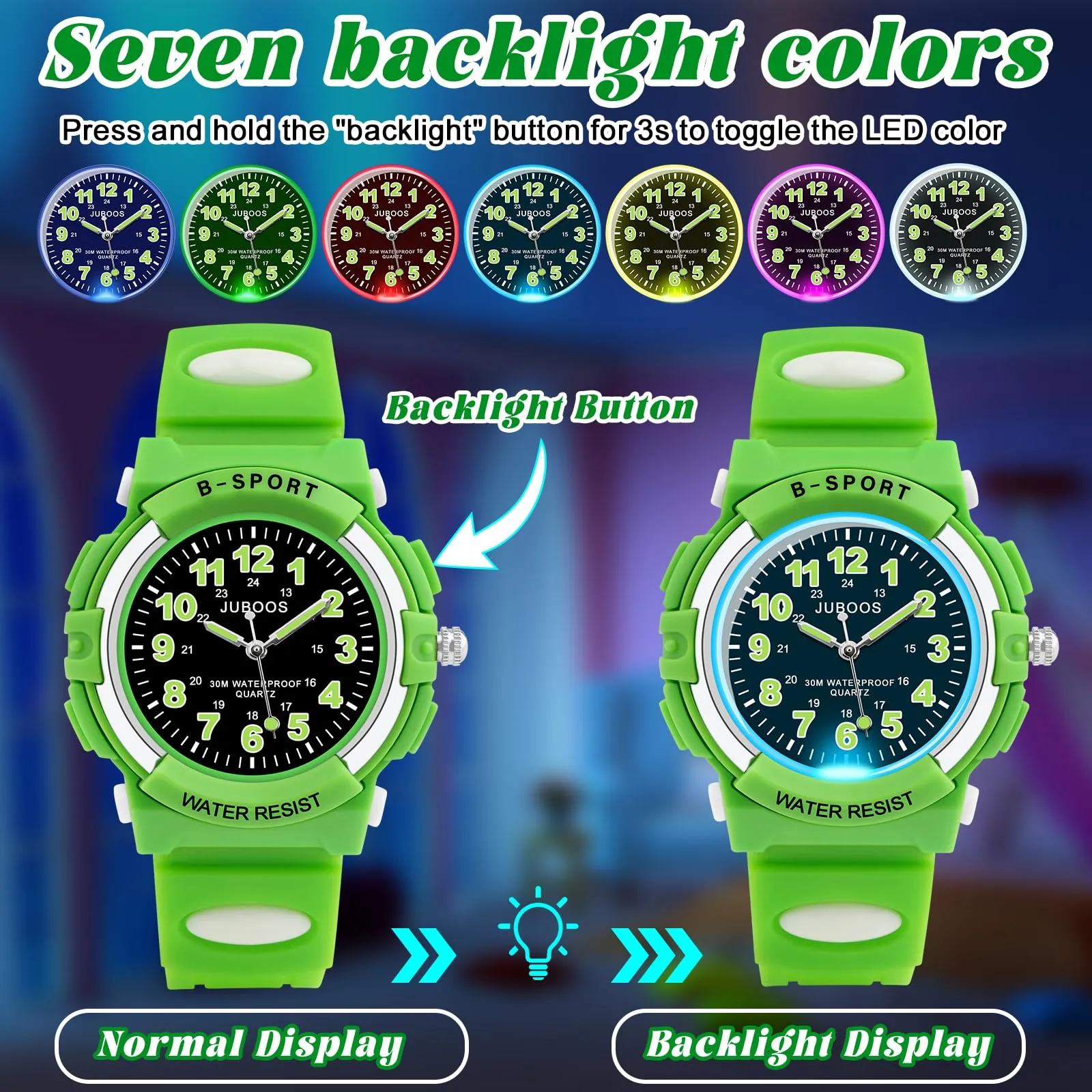 Juboos Analogische Kinderarmbanduhr mit 7-farbigem Nachtlicht, Wasserdicht, Quarz-Uhr für Jungen und Mädchen 5-18 Jahre (Verde) - immagine 2