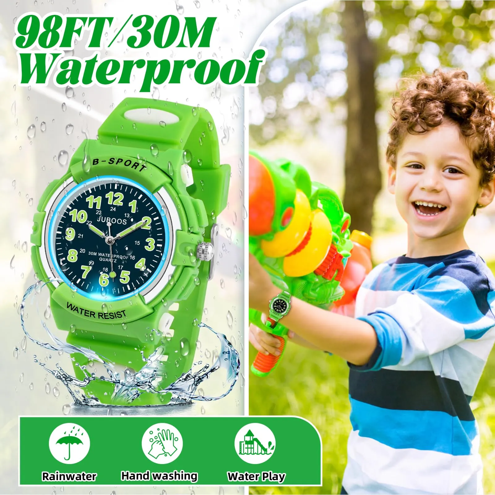 Juboos Analogische Kinderarmbanduhr mit 7-farbigem Nachtlicht, Wasserdicht, Quarz-Uhr für Jungen und Mädchen 5-18 Jahre (Verde) - immagine 3
